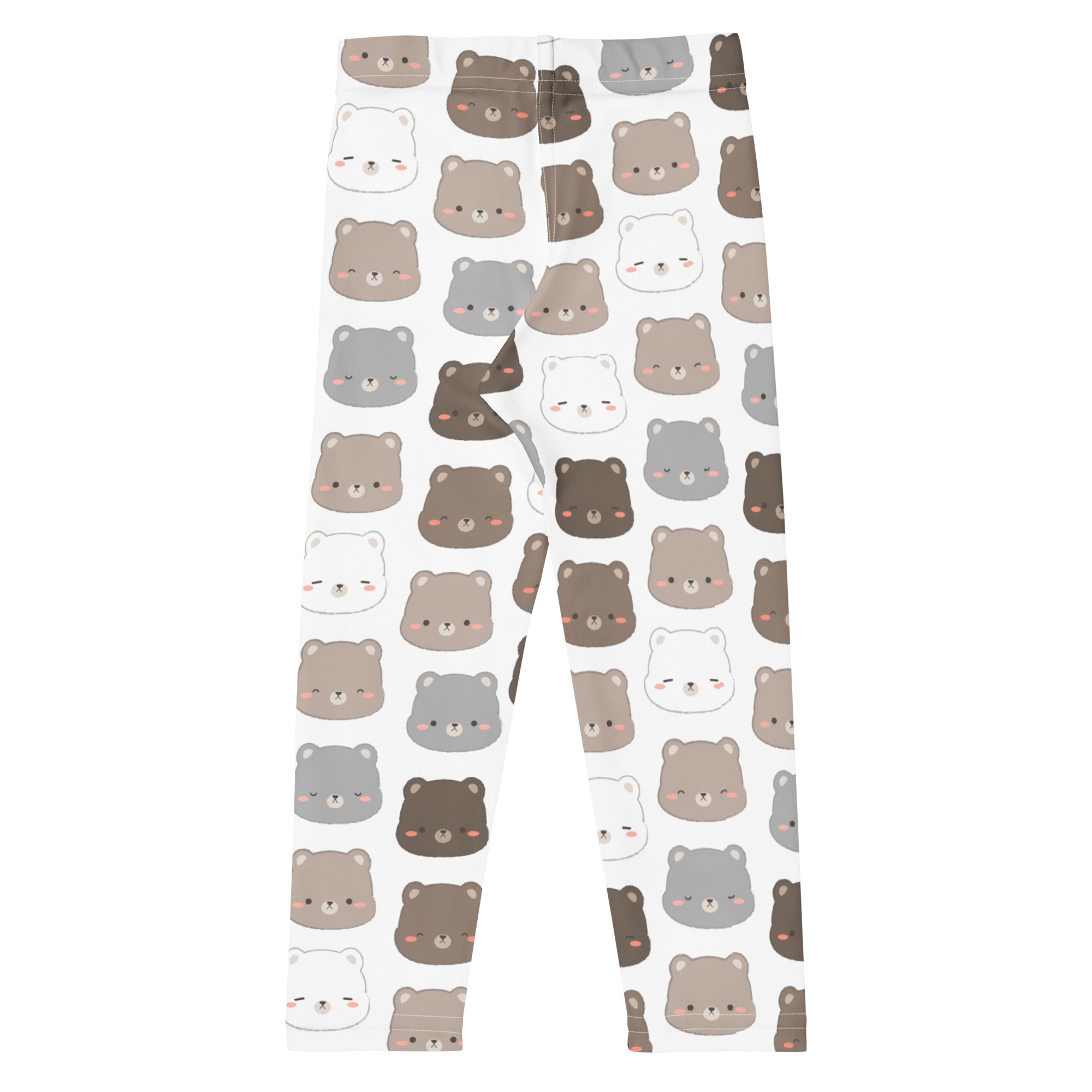 White buttery soft kids leggings with a playful bear face pattern in brown gray and white shades