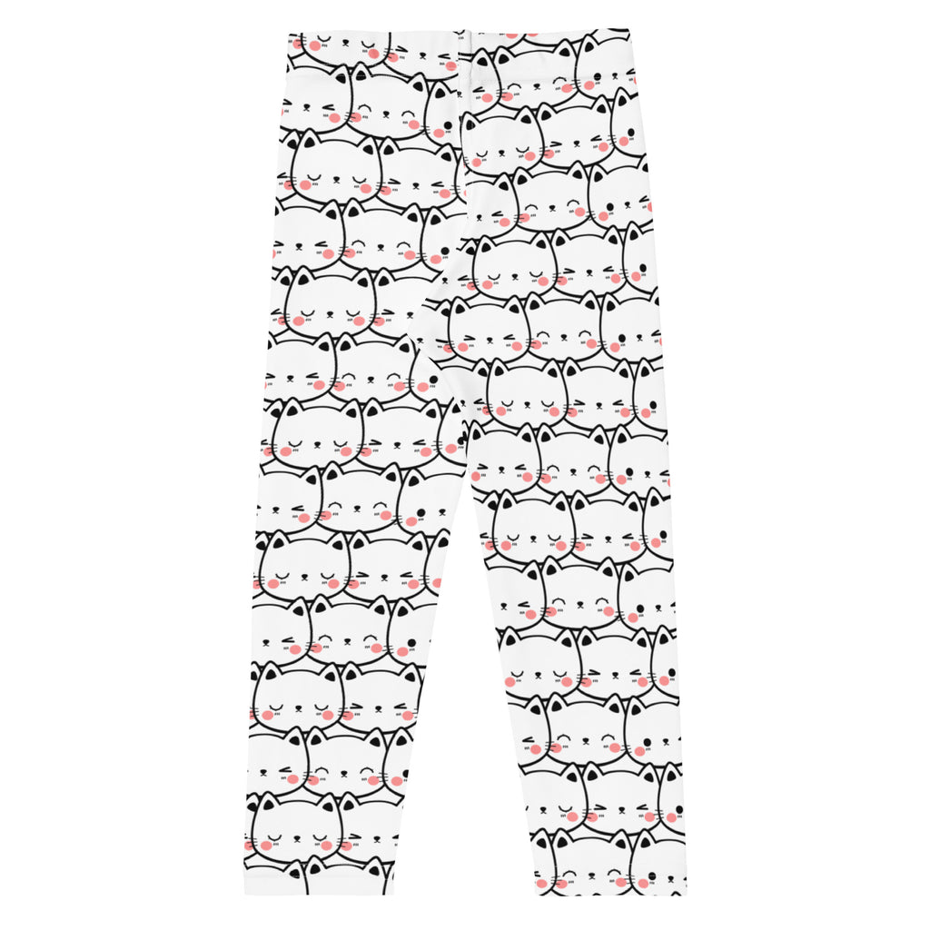 Girls white buttery soft leggings with playful black outlined cartoon cat faces and pink blush cheeks pattern