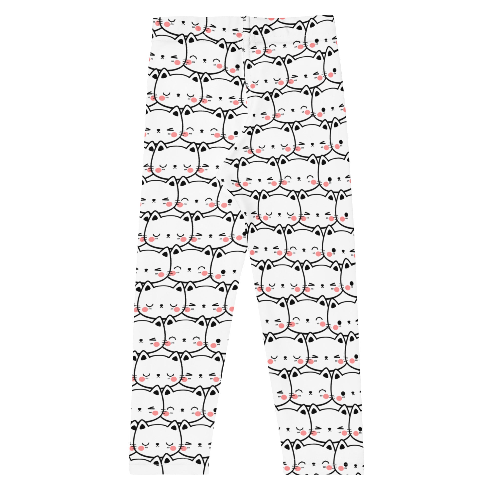 Girls white buttery soft leggings with playful black outlined cartoon cat faces and pink blush cheeks pattern