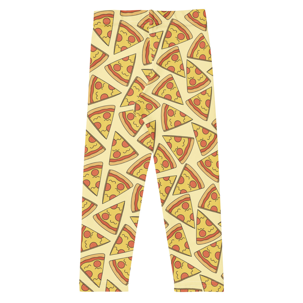 Kids pizza slice buttery soft leggings featuring playful yellow cheese and red pepperoni on light beige background