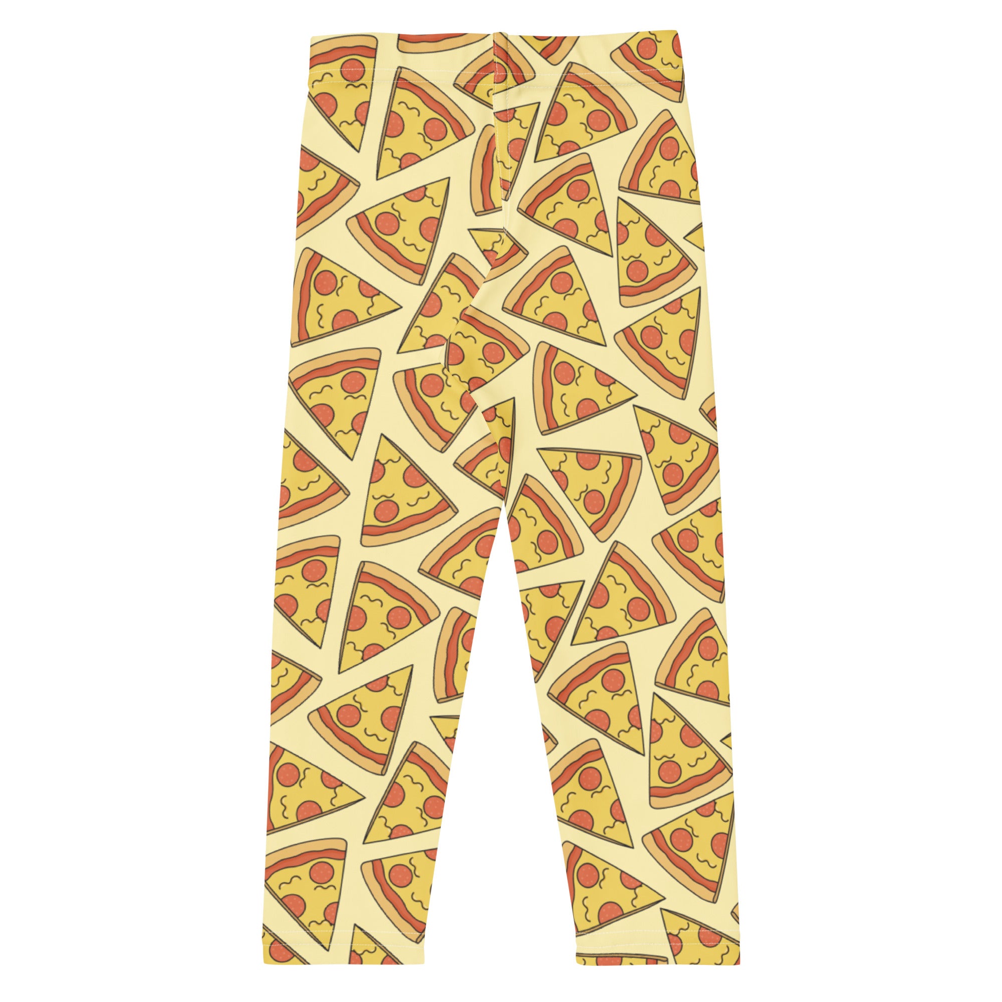 Kids pizza slice buttery soft leggings featuring playful yellow cheese and red pepperoni on light beige background
