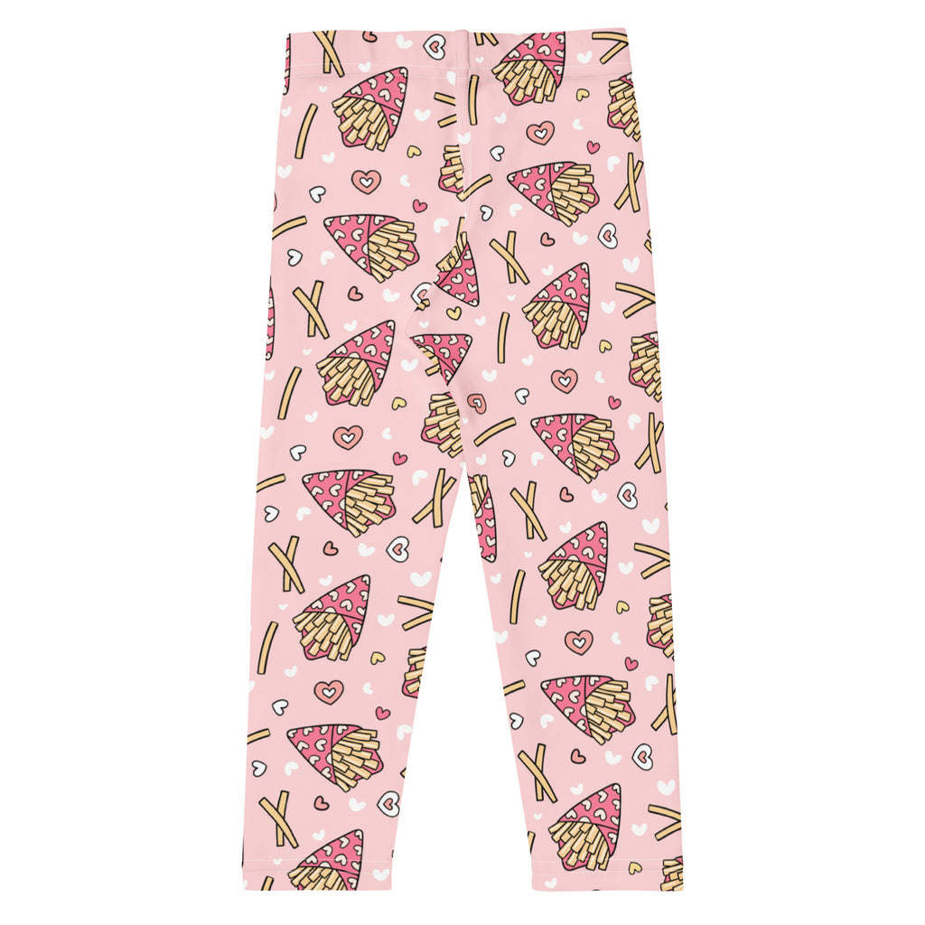 Girls pink leggings with playful cartoon french fries and hearts pattern made from buttery soft fabric