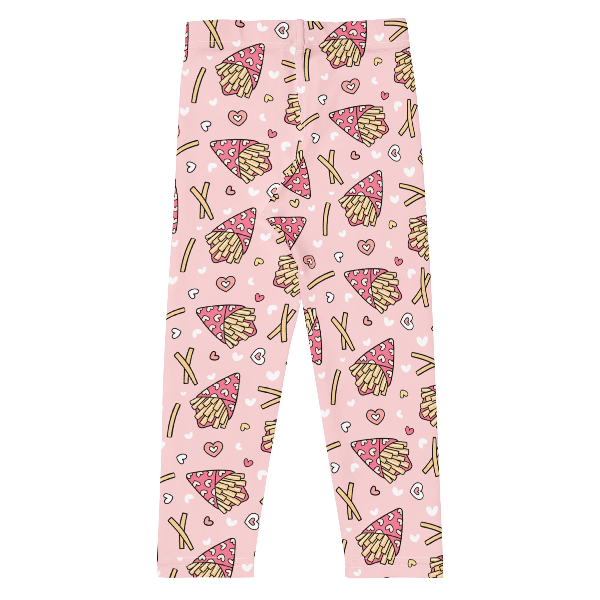 Girls pink leggings with playful cartoon french fries and hearts pattern made from buttery soft fabric