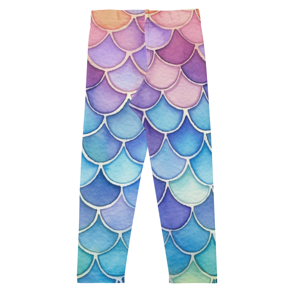 Girls watercolor mermaid buttery soft leggings with pastel purple blue pink mermaid scale pattern and white outlines