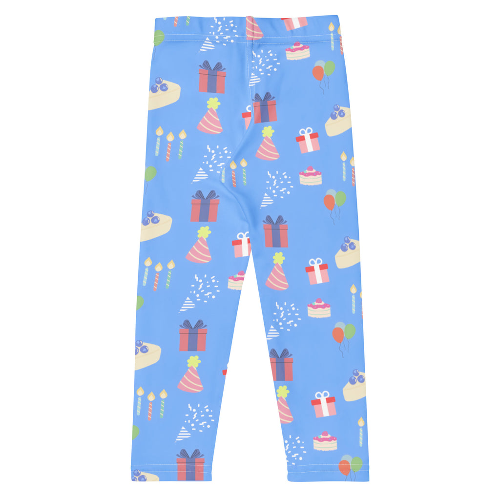Kids blue birthday pattern buttery soft leggings with colorful gifts party hats cakes and balloons design