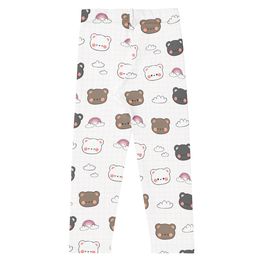 Girls kawaii bear rainbow buttery soft white leggings with playful brown white and black cartoon bears pink cheeks clouds and rainbows
