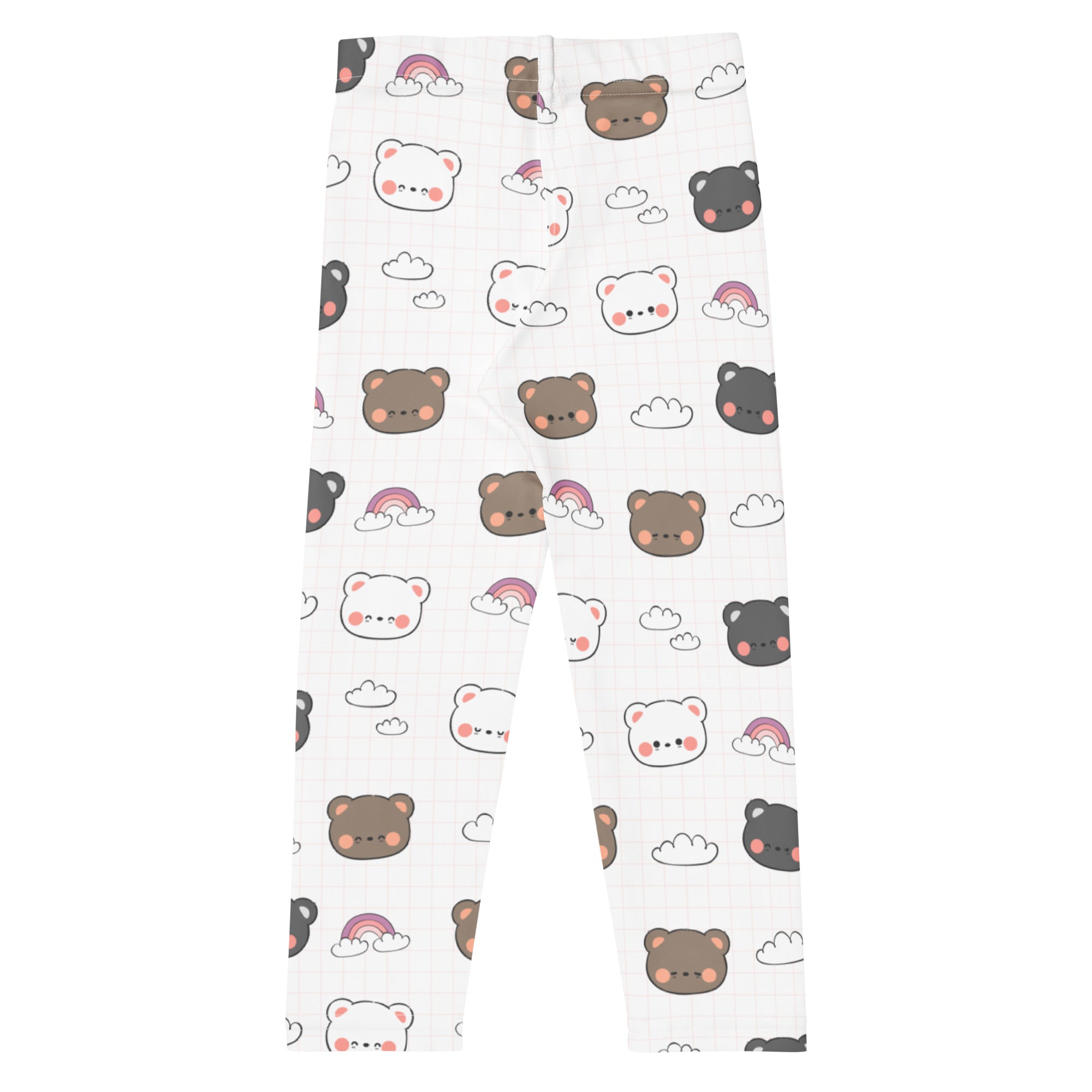 Girls kawaii bear rainbow buttery soft white leggings with playful brown white and black cartoon bears pink cheeks clouds and rainbows