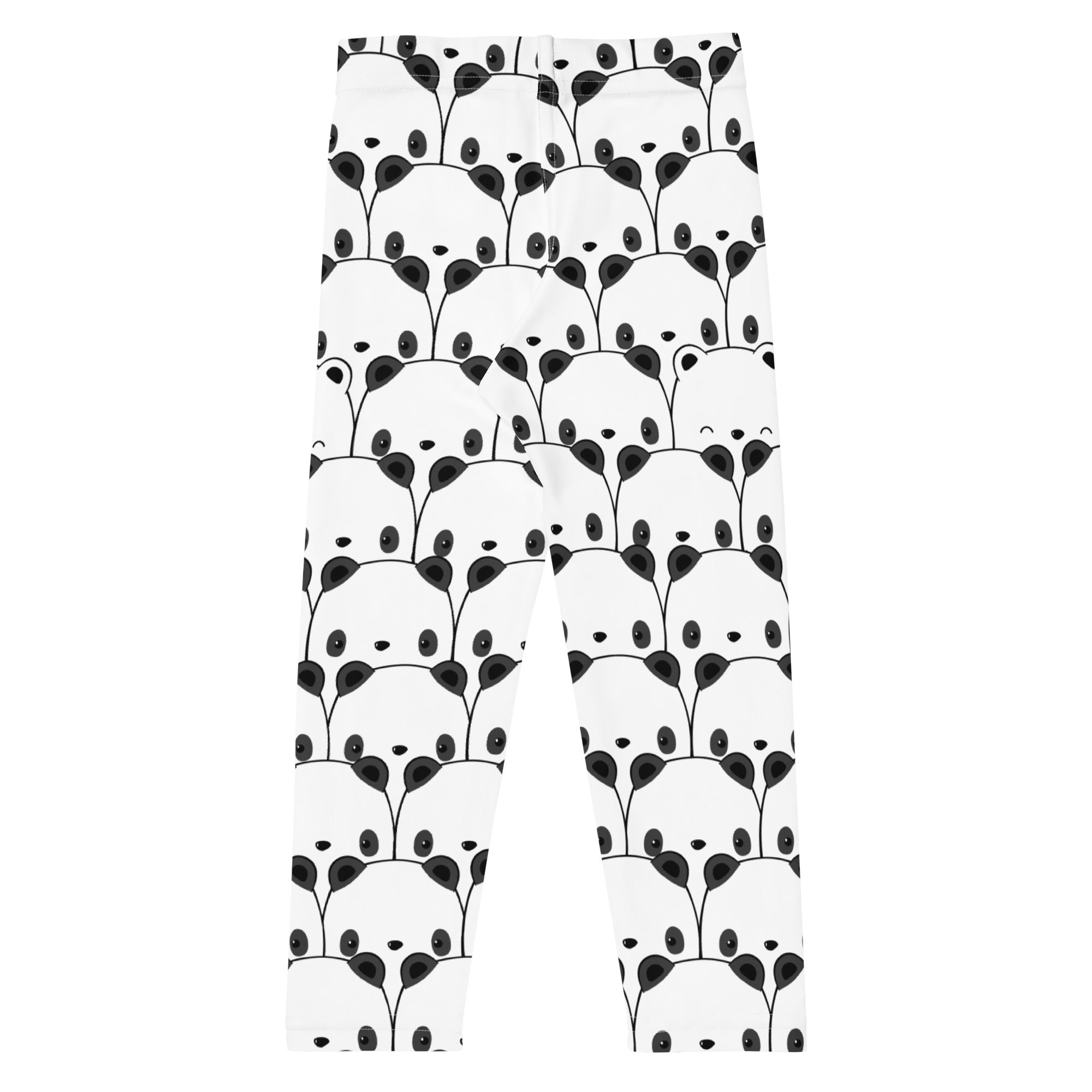 Kids black and white panda buttery soft leggings in white with playful black cartoon pandas and leafy stems pattern