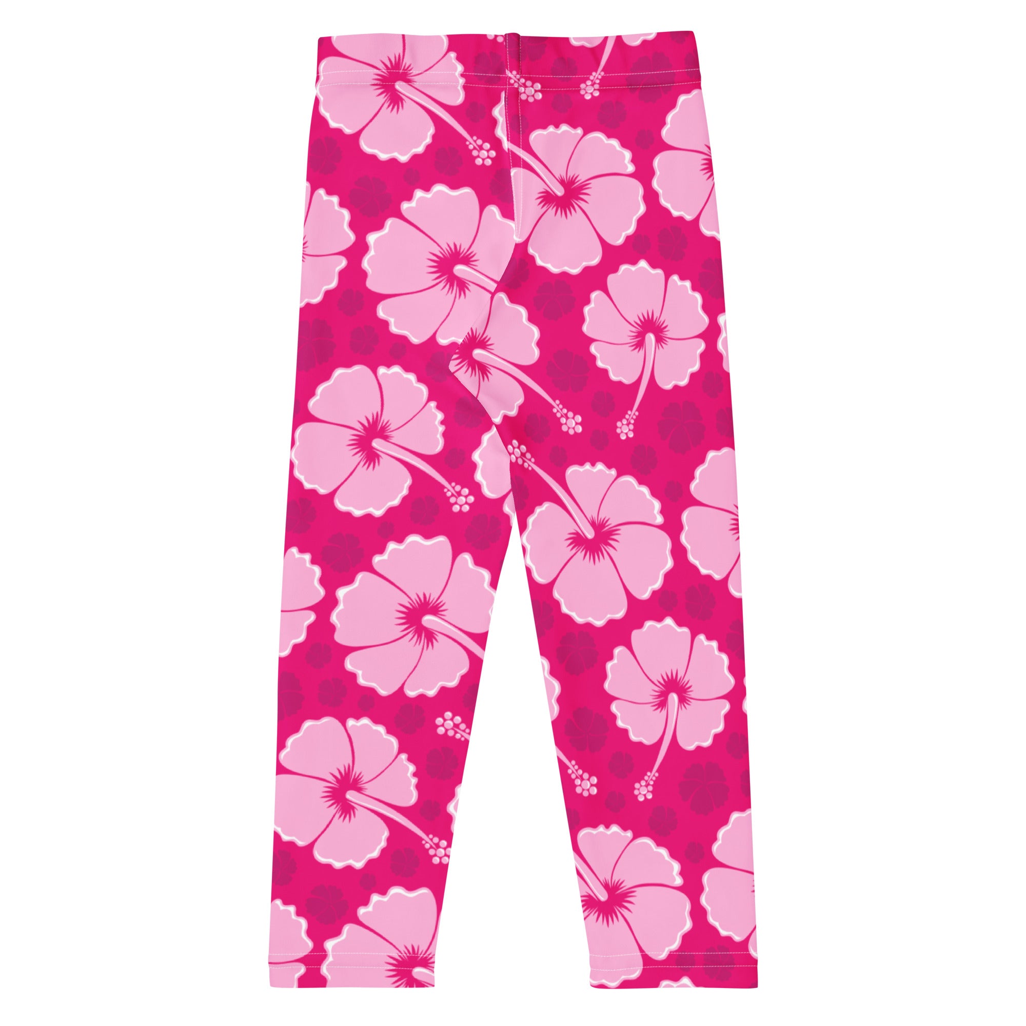 Girls tropical pink hibiscus buttery soft leggings featuring bright pink hibiscus pattern with bold tropical design