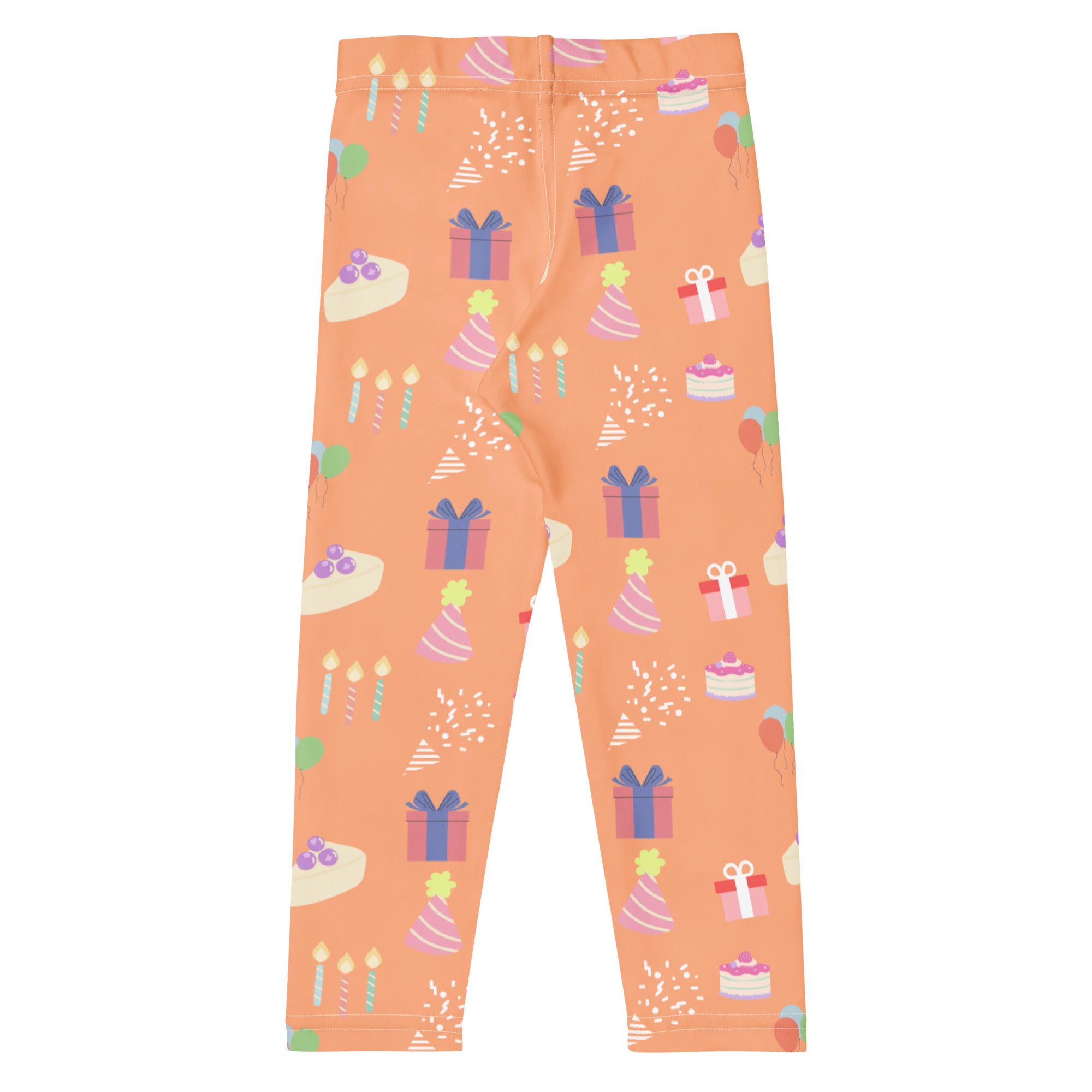 Kids orange birthday pattern buttery soft leggings with playful pastel cakes gifts hats and balloons illustrations