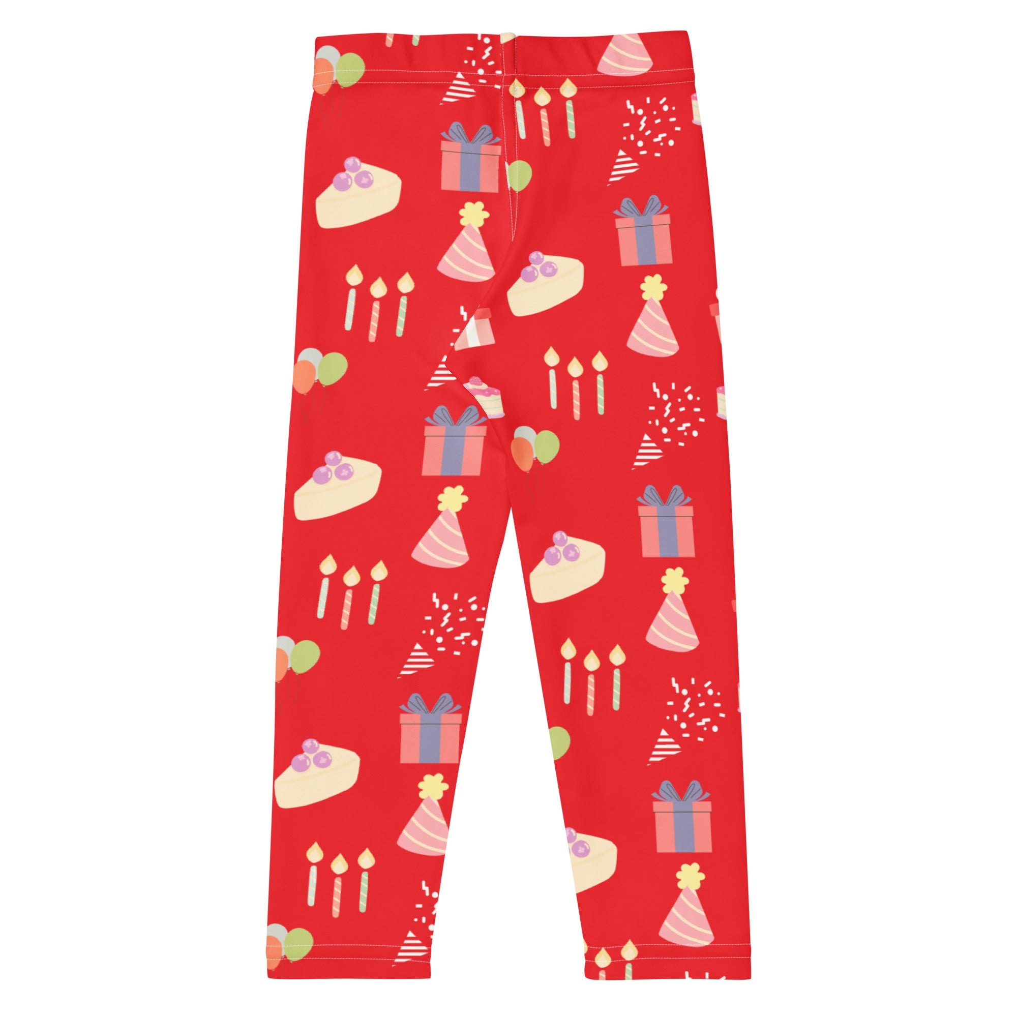 Kids red birthday pattern buttery soft leggings with playful pastel cakes party hats gifts and candles design