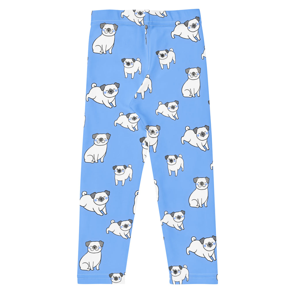 Kids blue pug buttery soft leggings in light blue with a playful pattern of white pugs with black ears and noses