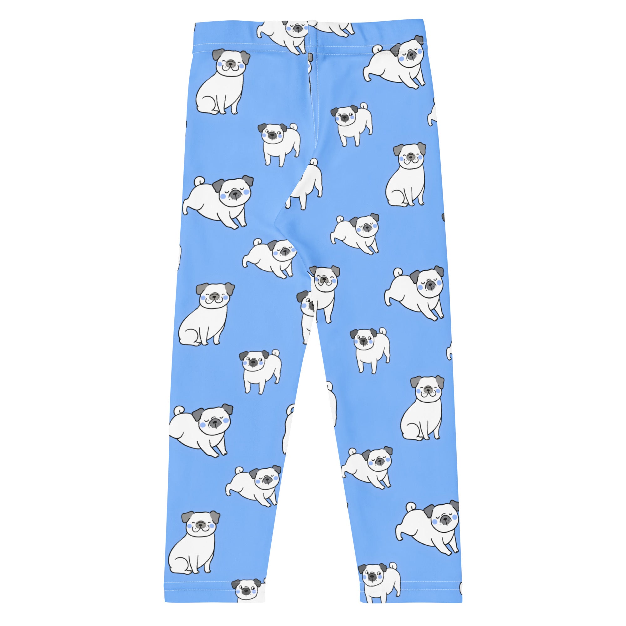 Kids blue pug buttery soft leggings in light blue with a playful pattern of white pugs with black ears and noses