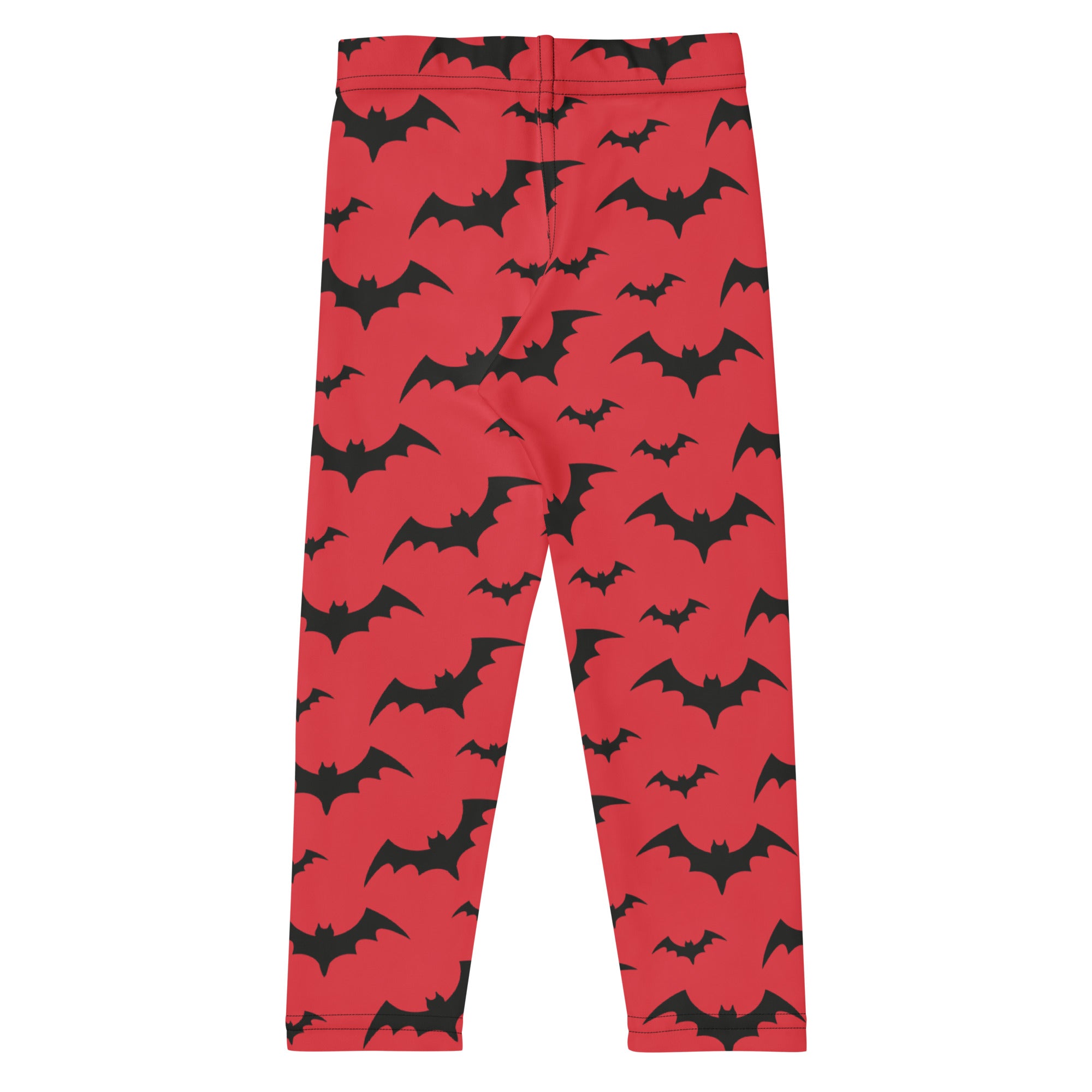 Kids red bats halloween buttery soft leggings with a repeating pattern of black bat silhouettes