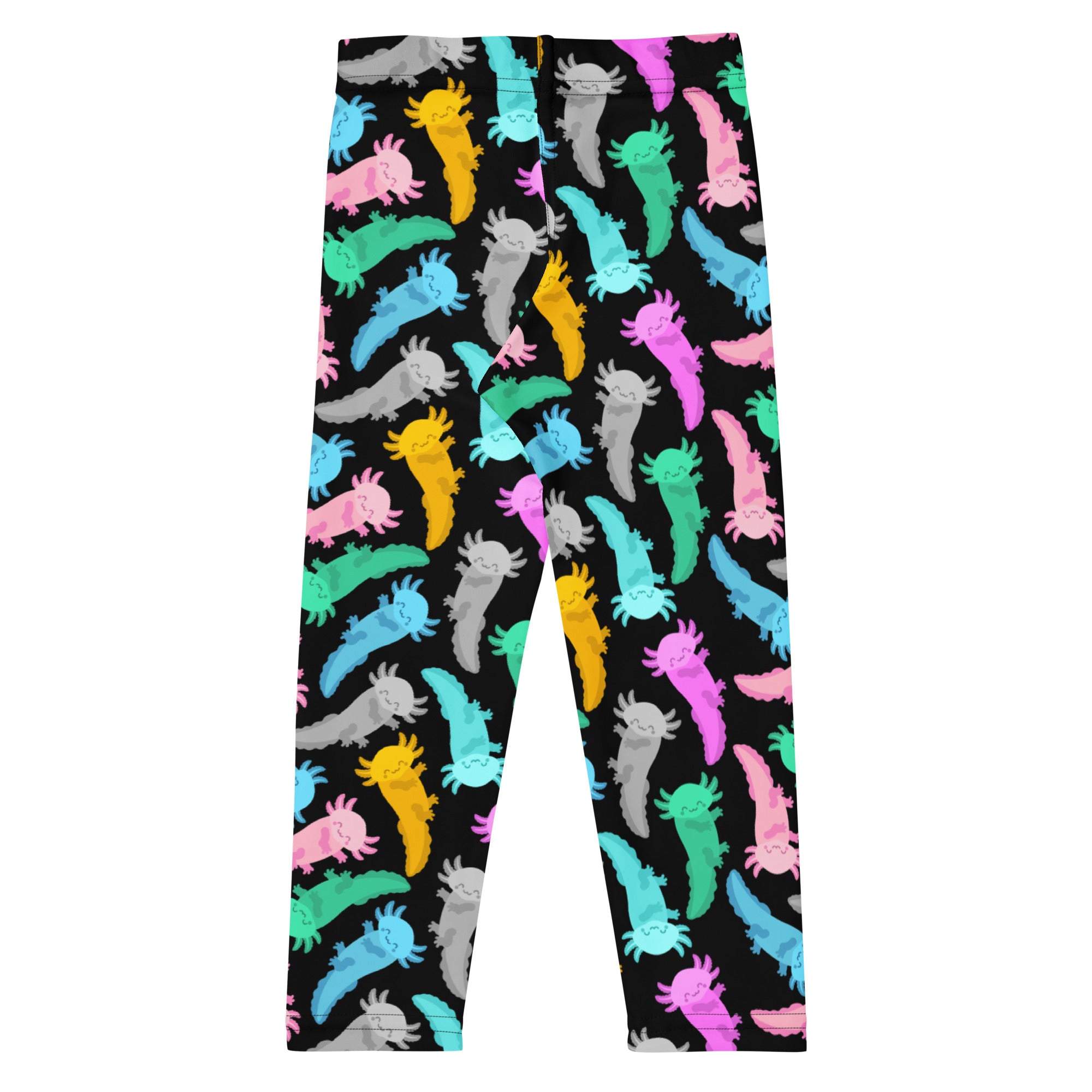 Black kids leggings with colorful cartoon axolotl pattern in pink blue green yellow gray buttery soft fabric
