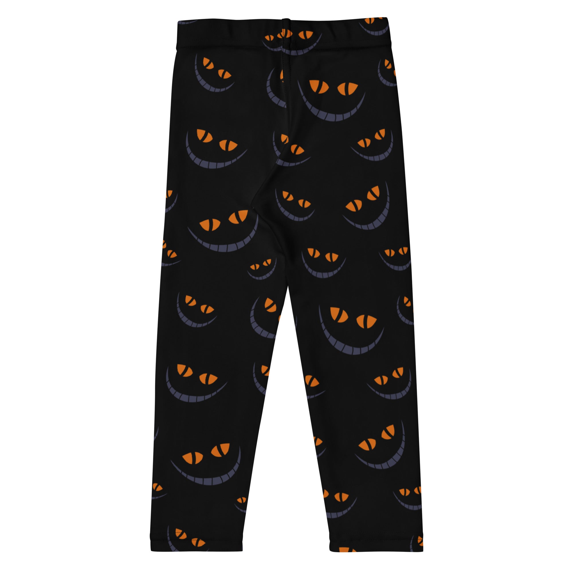 Kids halloween grinning cat buttery soft black leggings with playful orange and gray smiling cat face pattern