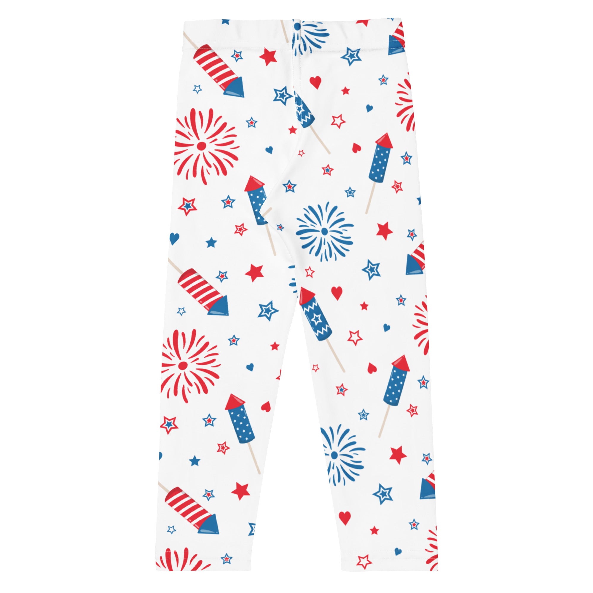 White kids leggings with a festive red and blue fireworks and rockets pattern made of buttery soft fabric