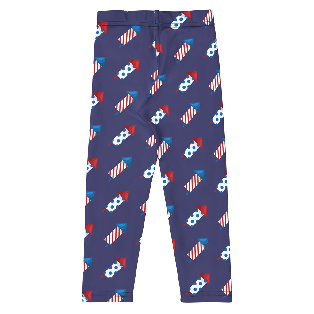 Navy blue kids firework rocket buttery soft leggings with red white and blue fireworks pattern