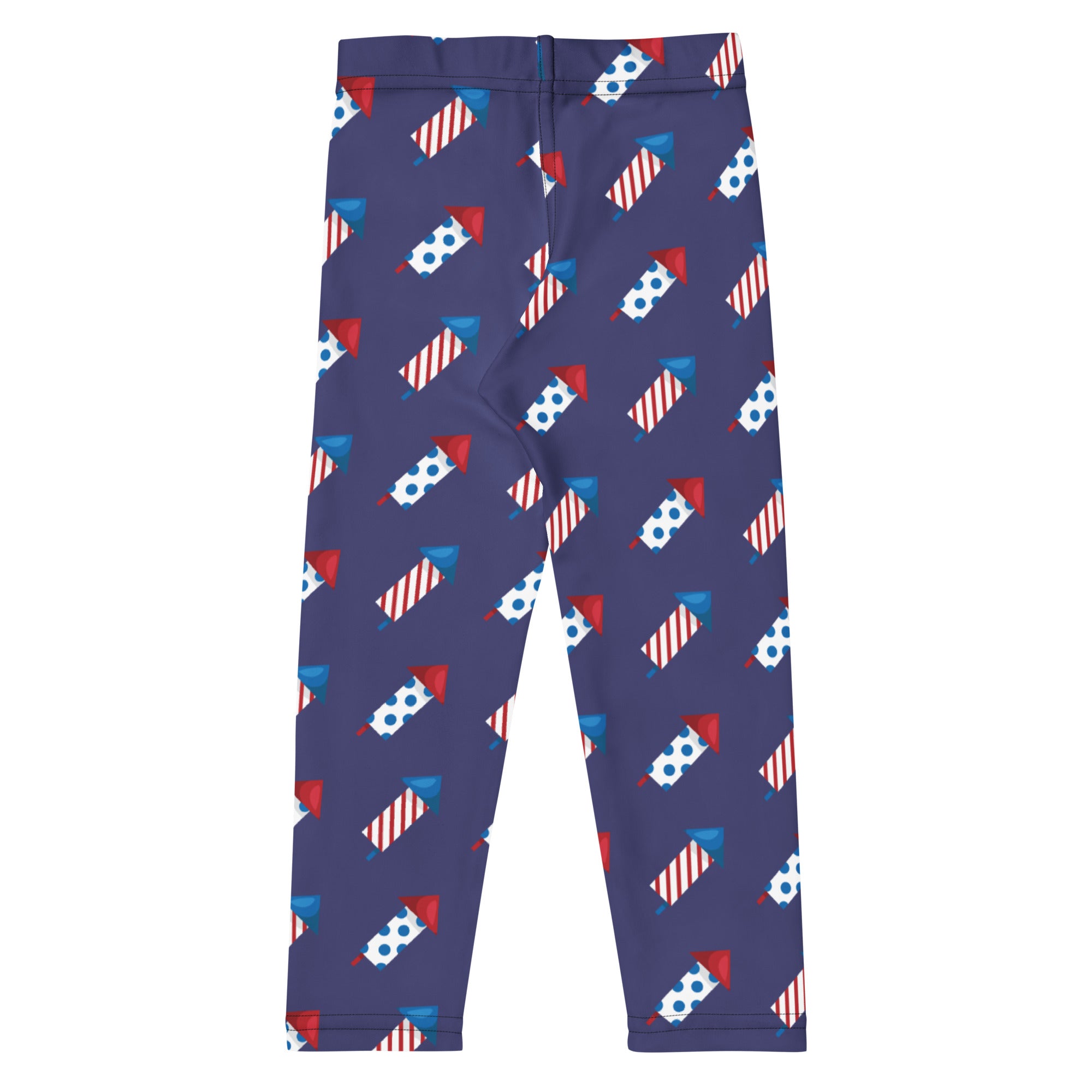 Navy blue kids firework rocket buttery soft leggings with red white and blue fireworks pattern
