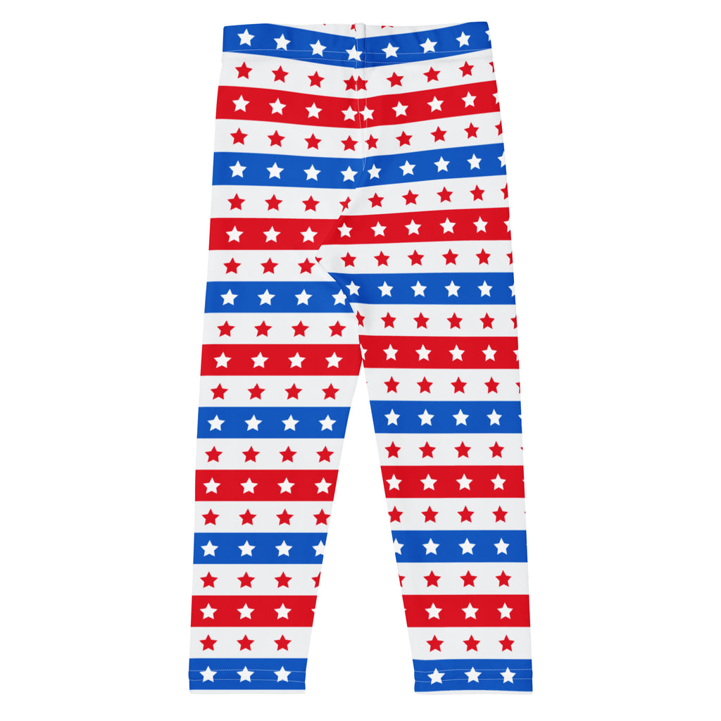 Kids red white and blue stars and stripes buttery soft leggings with red white and blue striped star patterns