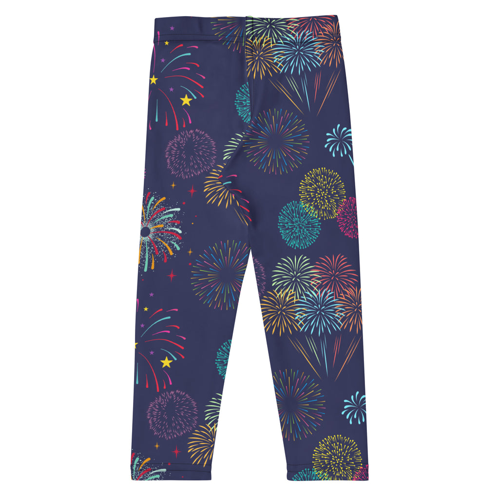 Girls fireworks buttery soft leggings in navy blue with vibrant multicolored fireworks and sparkling stars pattern