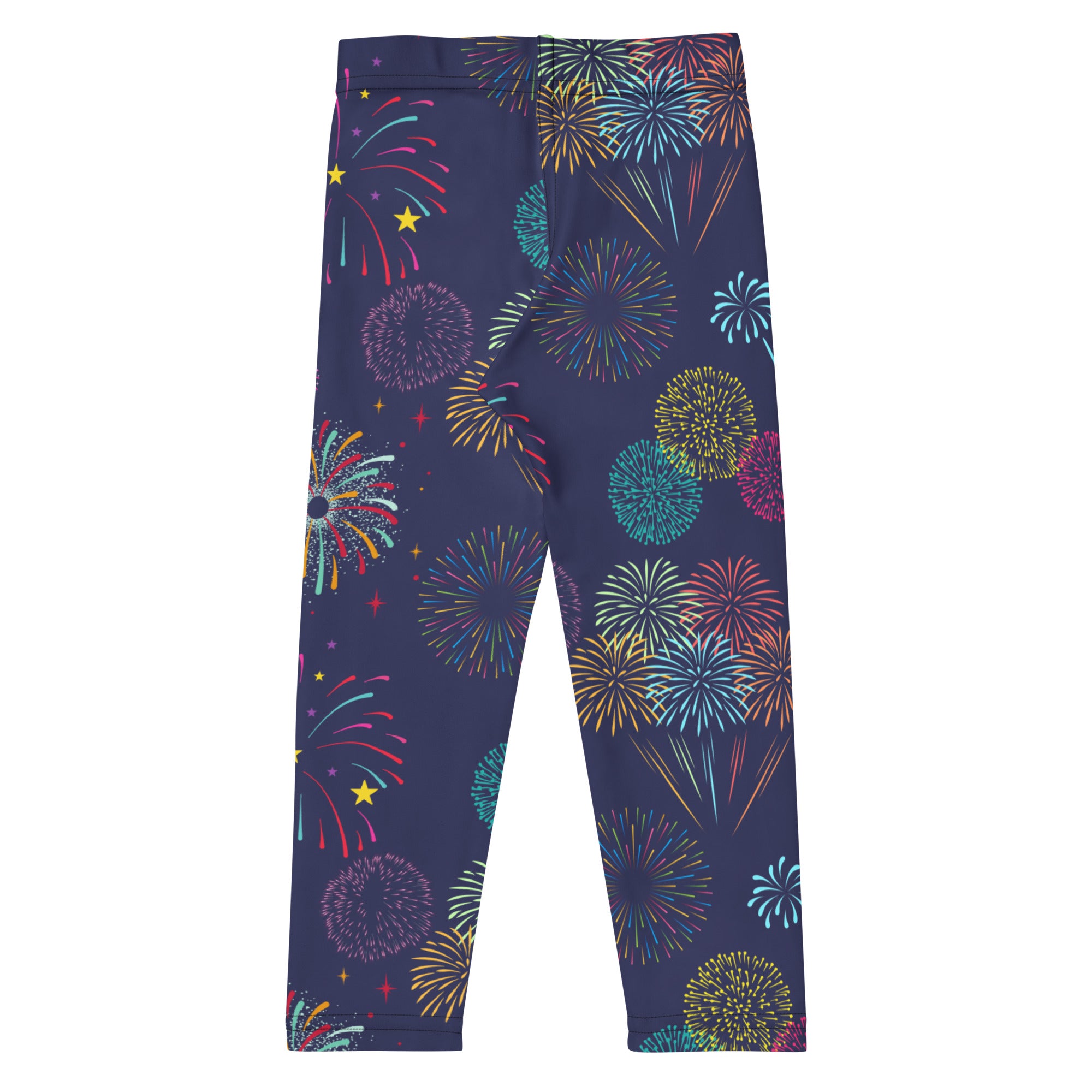 Girls fireworks buttery soft leggings in navy blue with vibrant multicolored fireworks and sparkling stars pattern