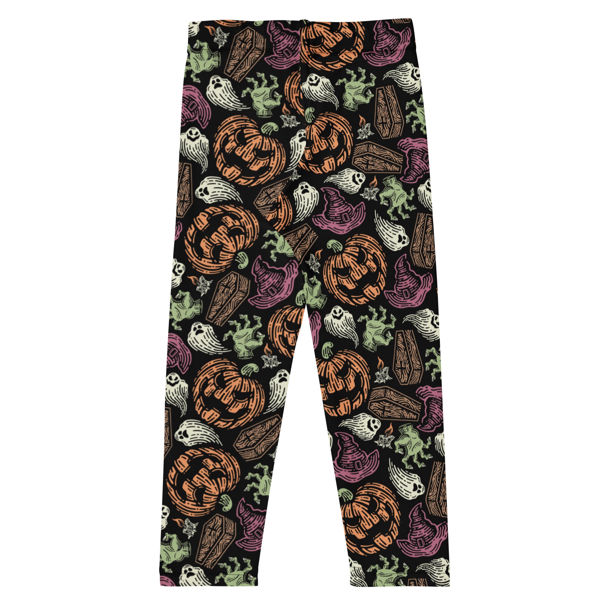 Kids creepy halloween buttery soft black leggings with vibrant orange jack o lanterns white ghosts purple witch hats and green zombies
