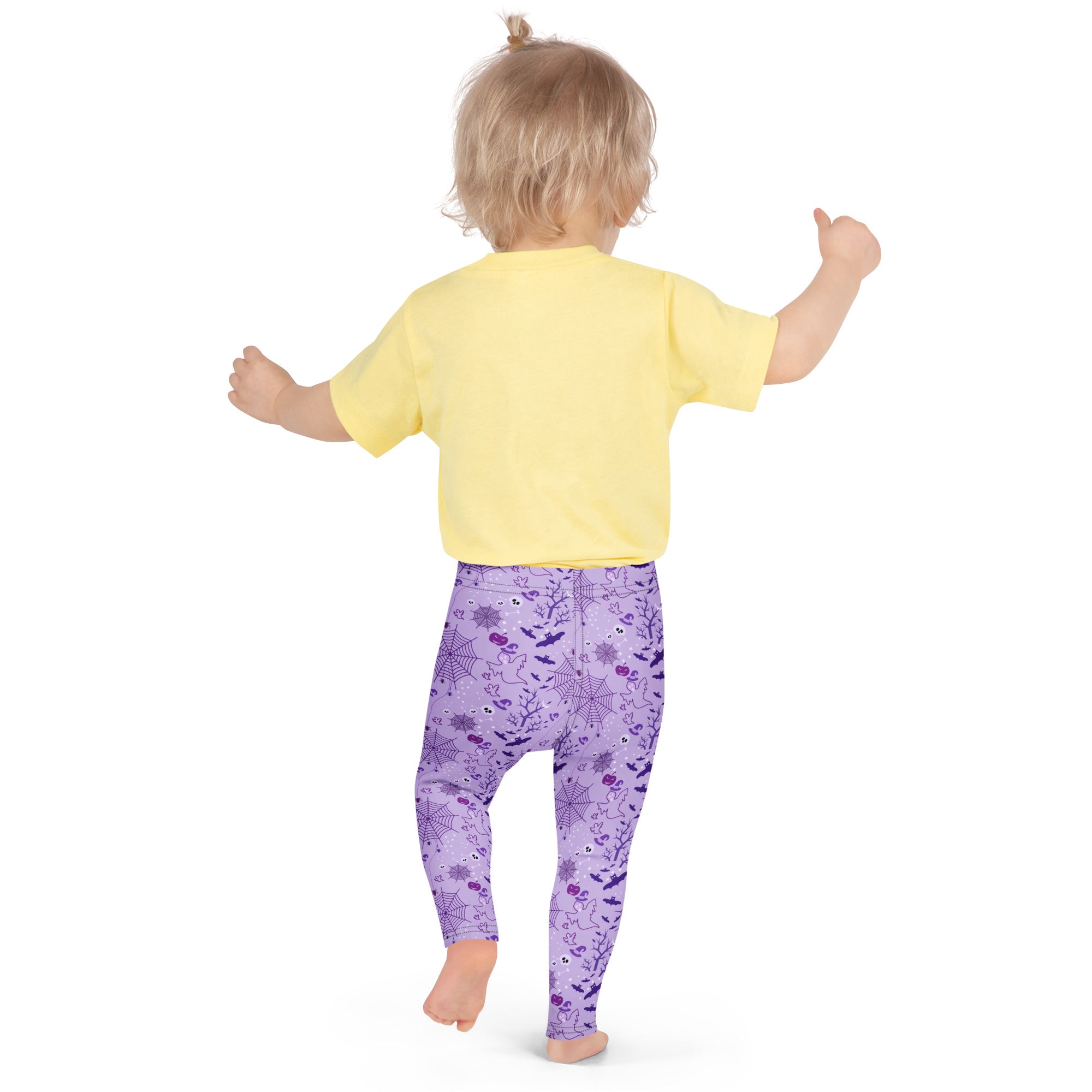 Kids purple buttery soft leggings with halloween spider web and bat pattern perfect for festive wear