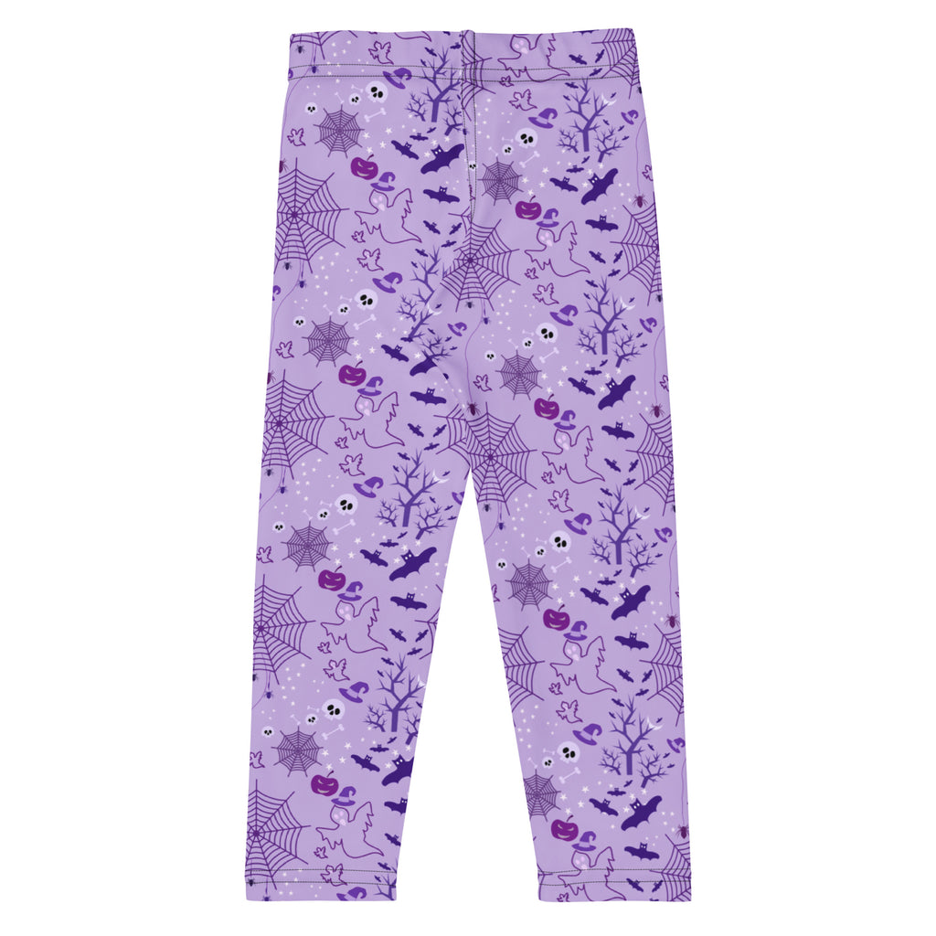 Kids purple halloween buttery soft leggings with spider bat ghost and pumpkin pattern in darker purple hues