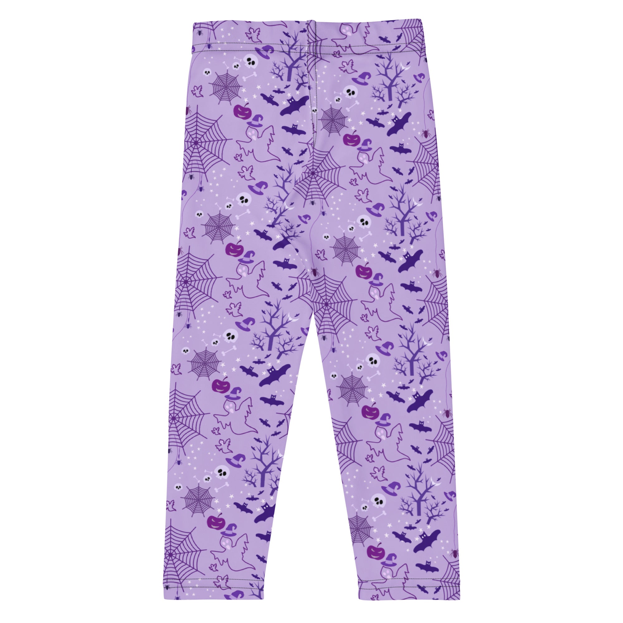 Kids purple halloween buttery soft leggings with spider bat ghost and pumpkin pattern in darker purple hues