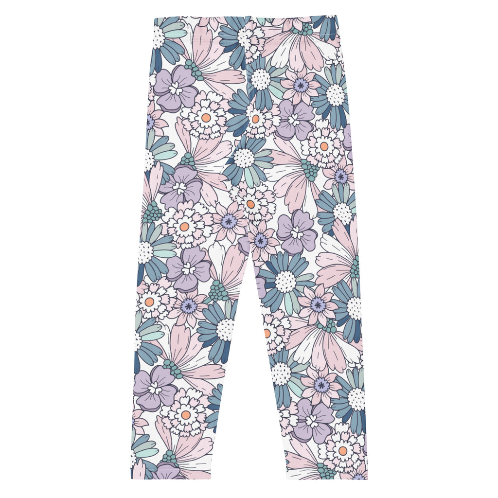 Girls pastel purple floral buttery soft leggings with pink lavender and teal blossoms on a light background