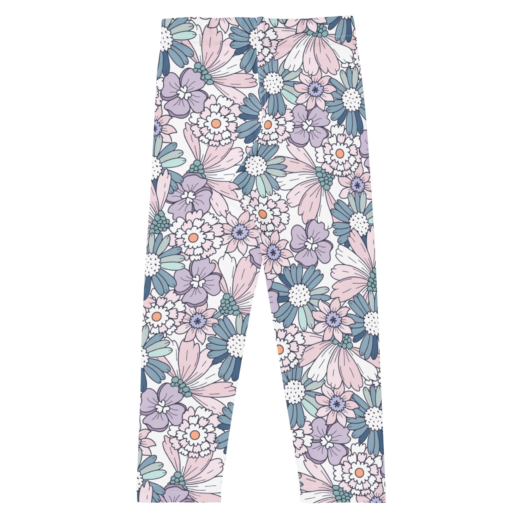 Girls pastel purple floral buttery soft leggings with pink lavender and teal blossoms on a light background