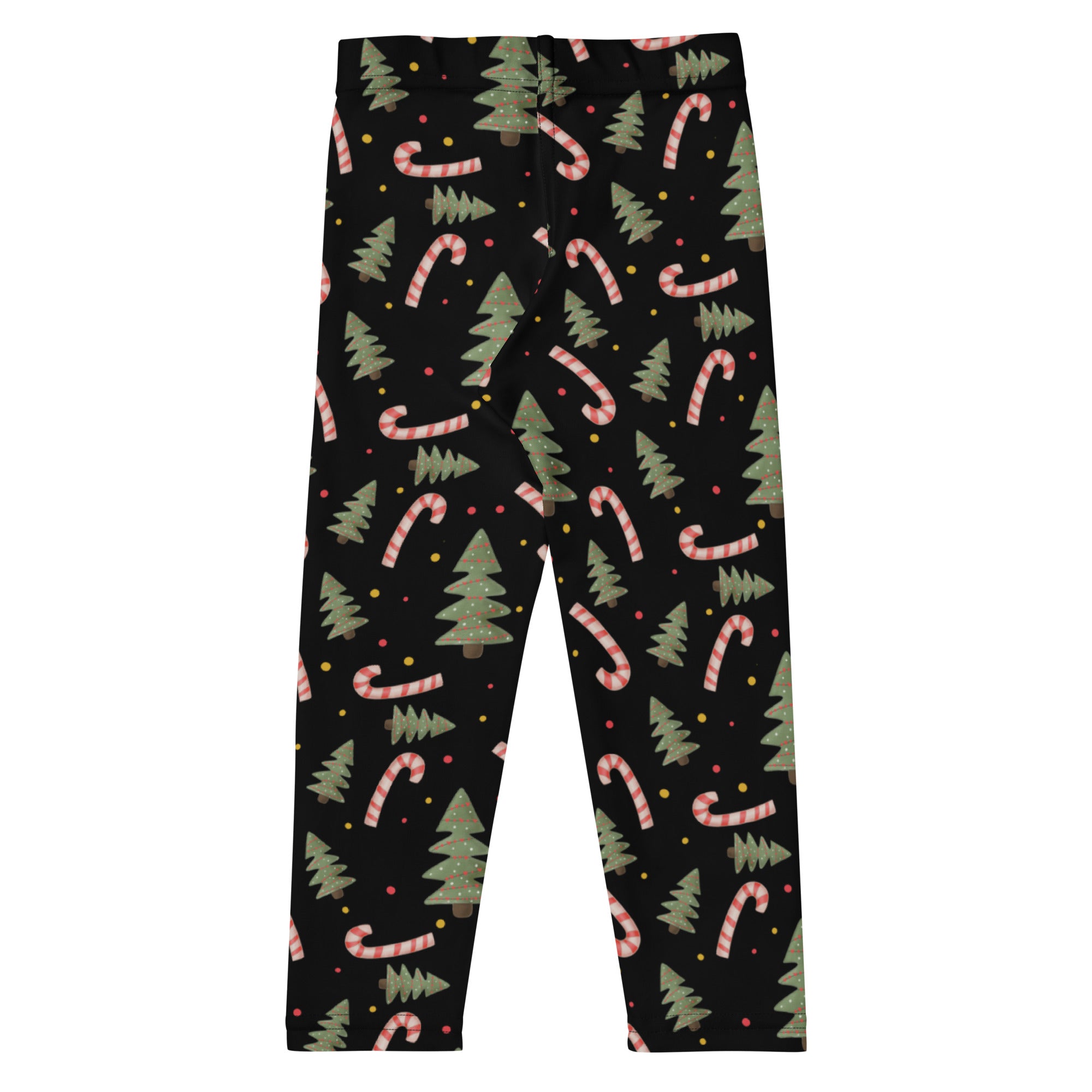 Kids christmas candy canes and trees buttery soft black leggings with festive green pine tree and pink candy cane pattern