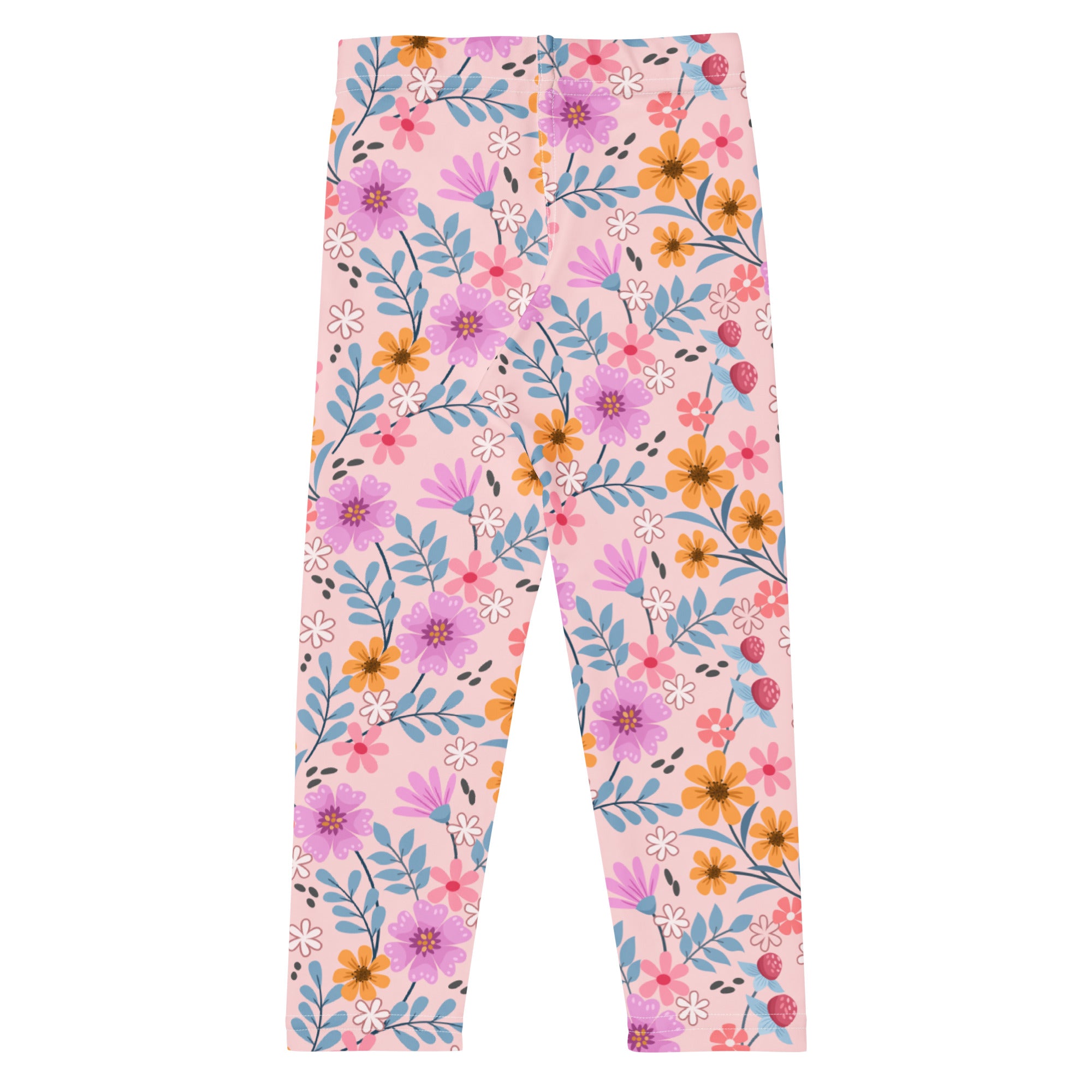 Girls pink floral buttery soft leggings featuring vibrant purple orange and white flowers with blue leaves and red berries