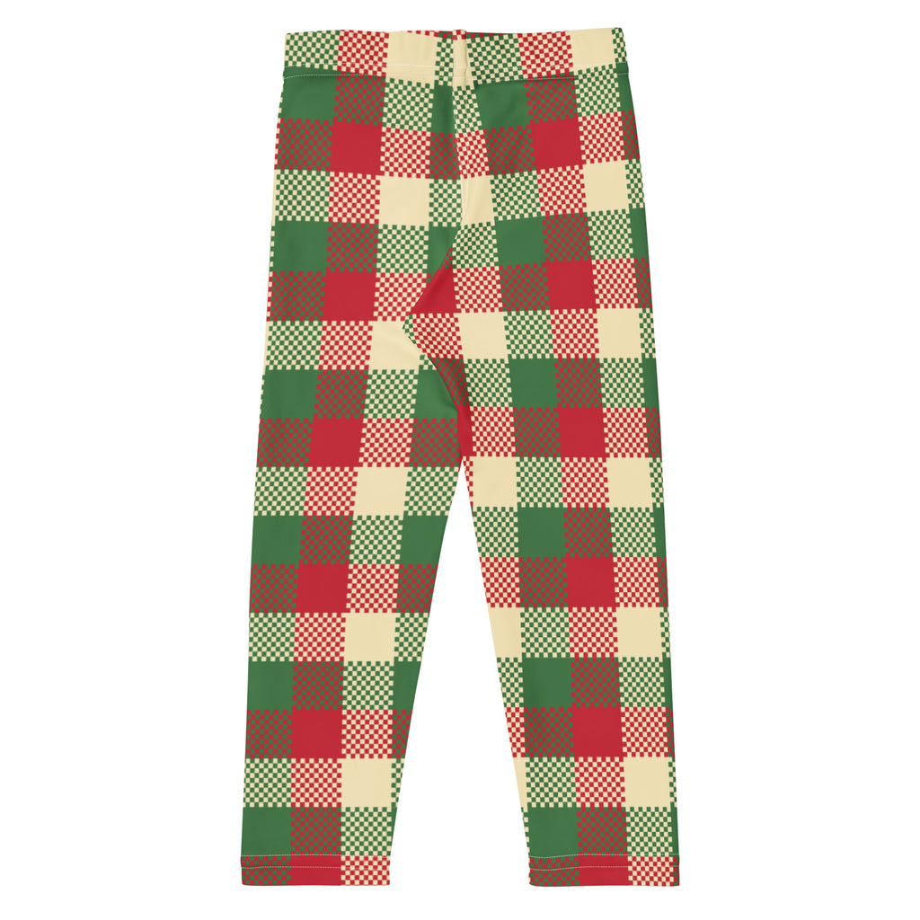 Kids christmas plaid buttery soft leggings in red green and cream with a pixelated checkered pattern