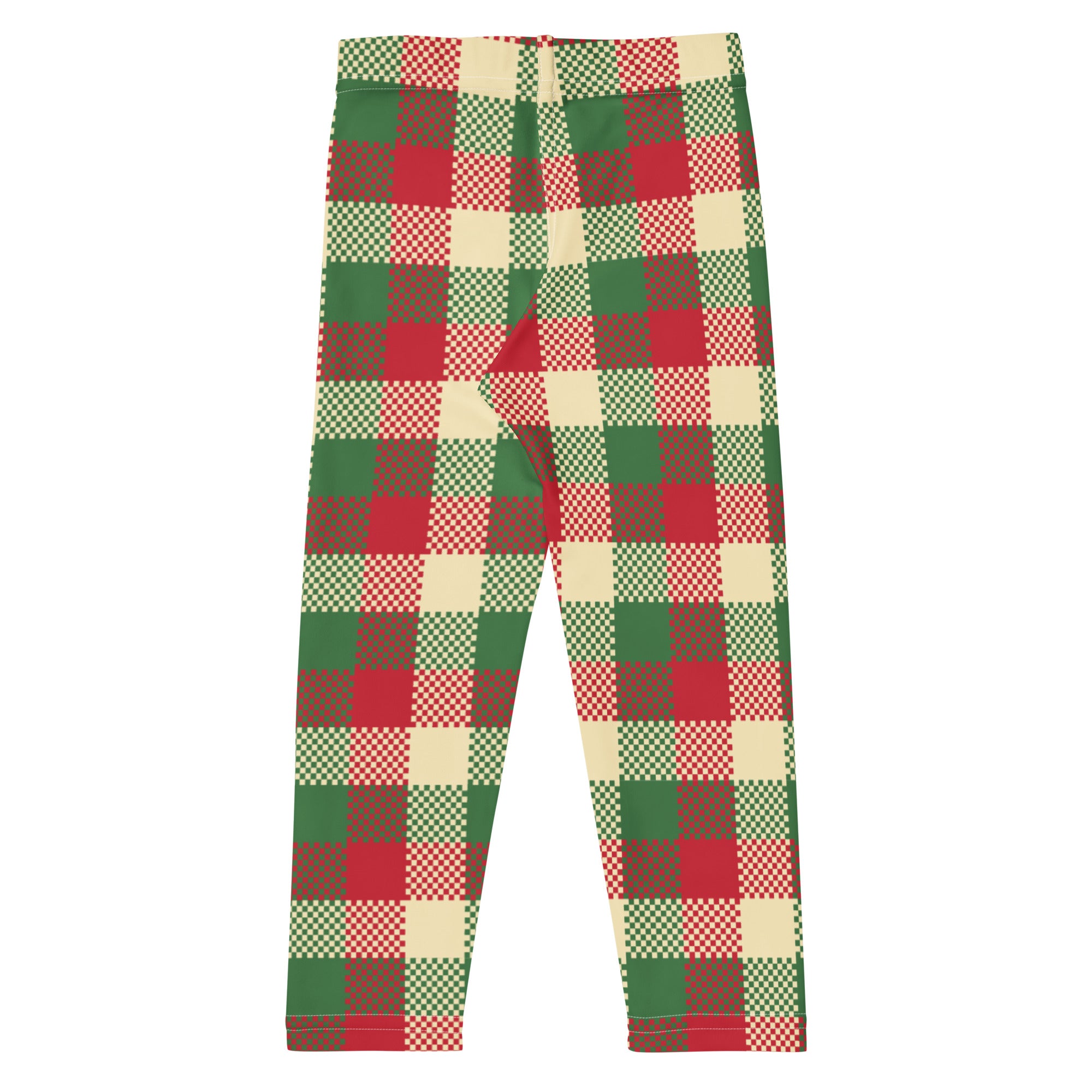 Kids christmas plaid buttery soft leggings in red green and cream with a pixelated checkered pattern