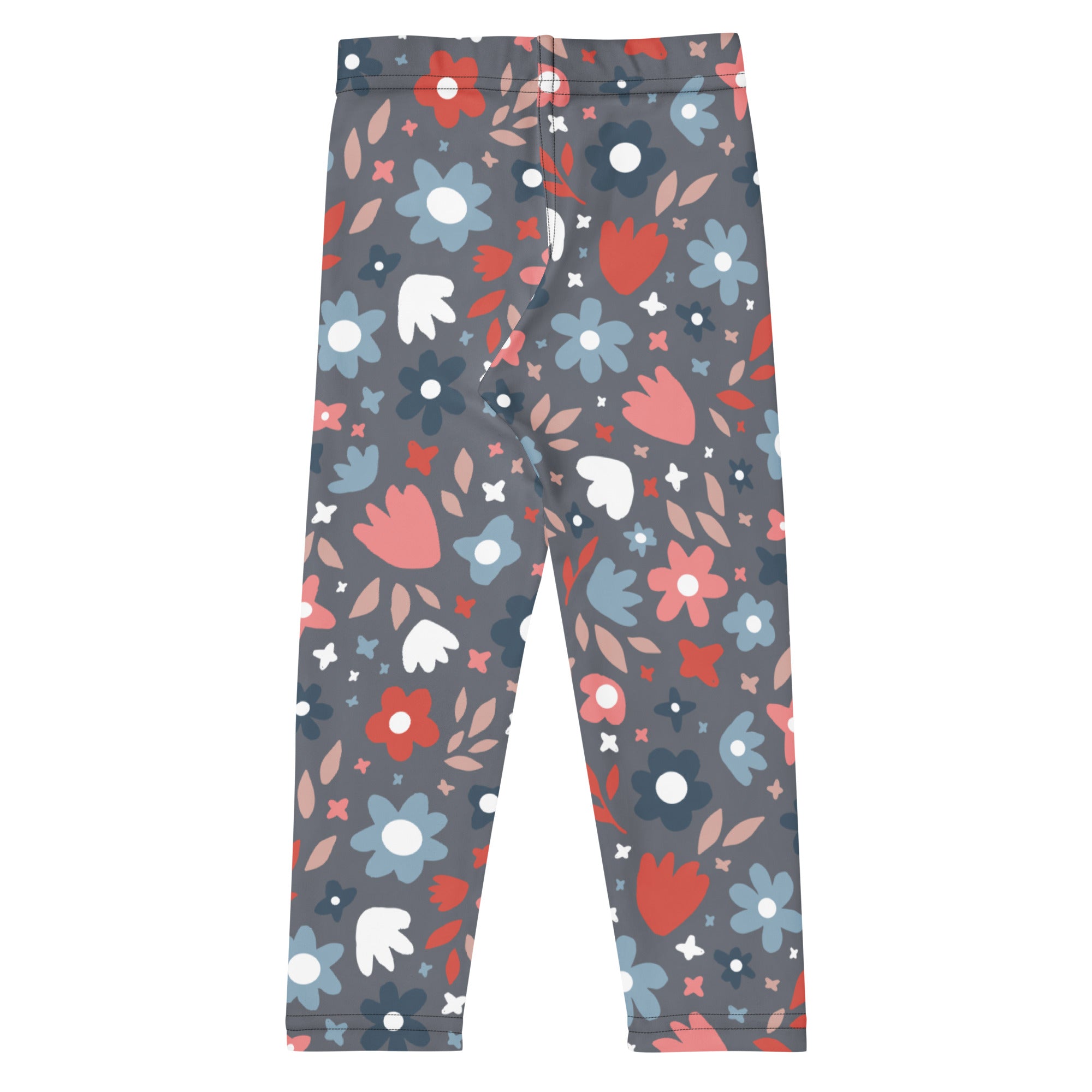 Girls gray buttery soft leggings with playful red blue and white floral pattern and stylized leaves