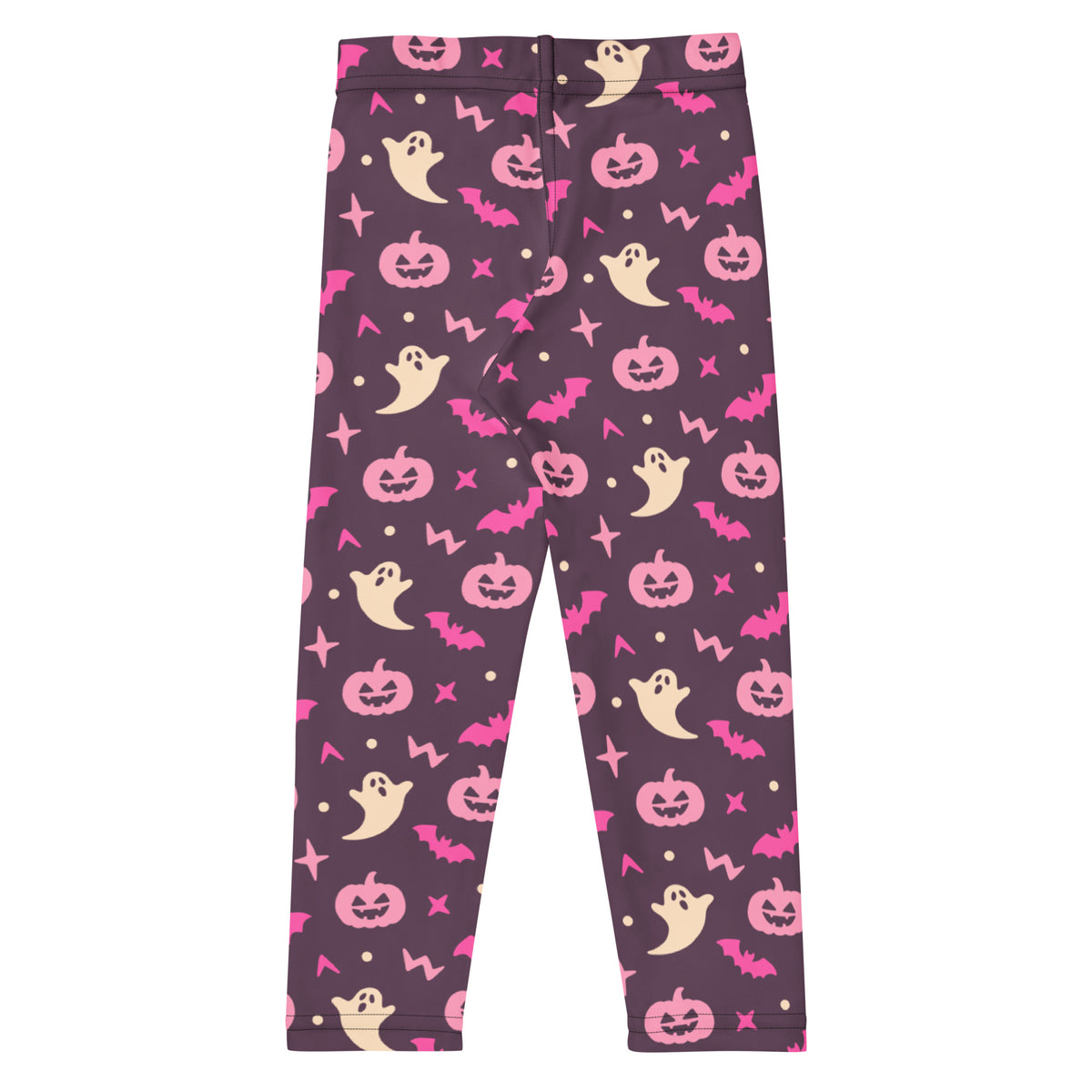 Girls purple and pink halloween buttery soft leggings with playful pink pumpkins beige ghosts and magenta bats pattern
