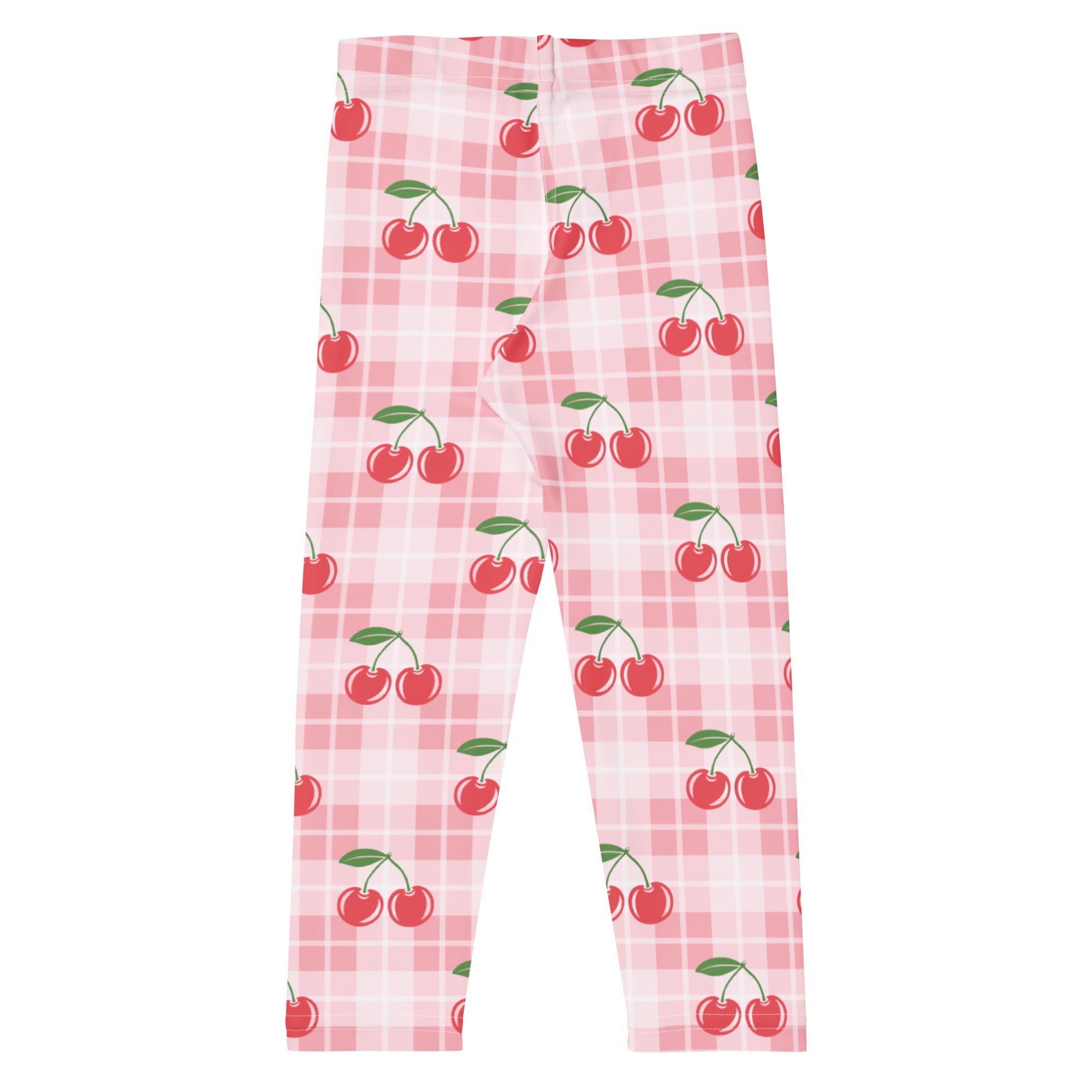 Girls cherry plaid buttery soft leggings in pink with cherry print and plaid pattern for comfortable wear