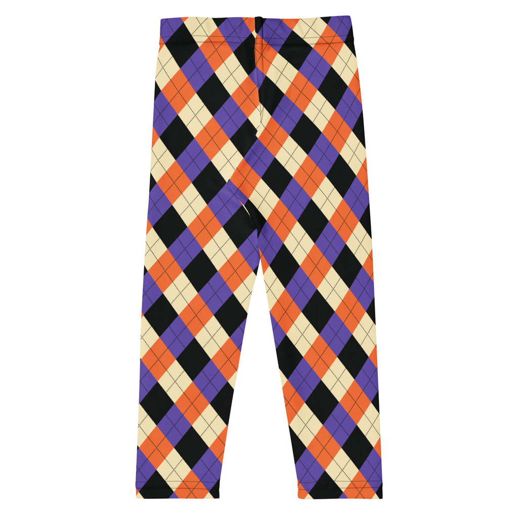 Kids halloween argyle buttery soft leggings with bold orange purple and black argyle pattern on off-white background