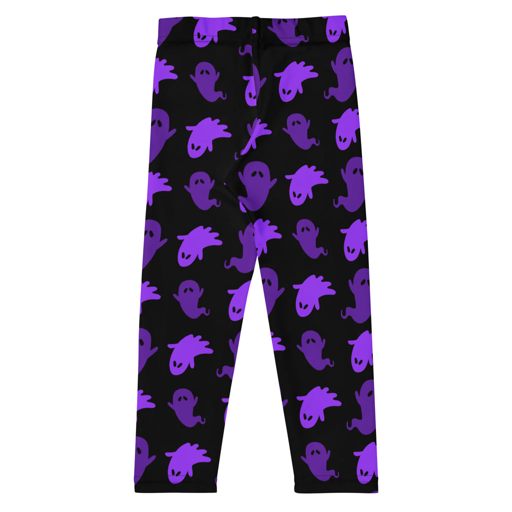 Girls purple ghosts halloween buttery soft black leggings with playful purple cartoon ghost pattern