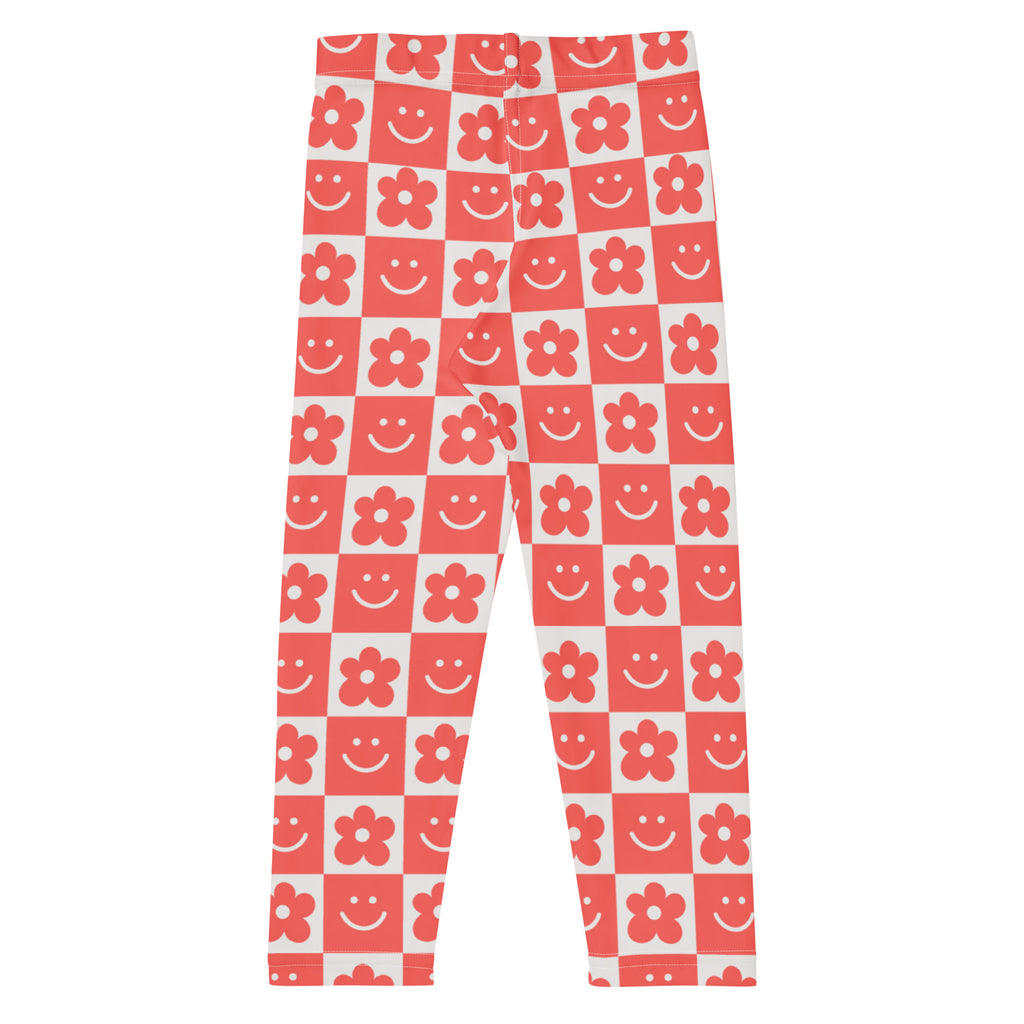 Girls red checkerboard flower and smile face buttery soft leggings with playful smiling flower pattern