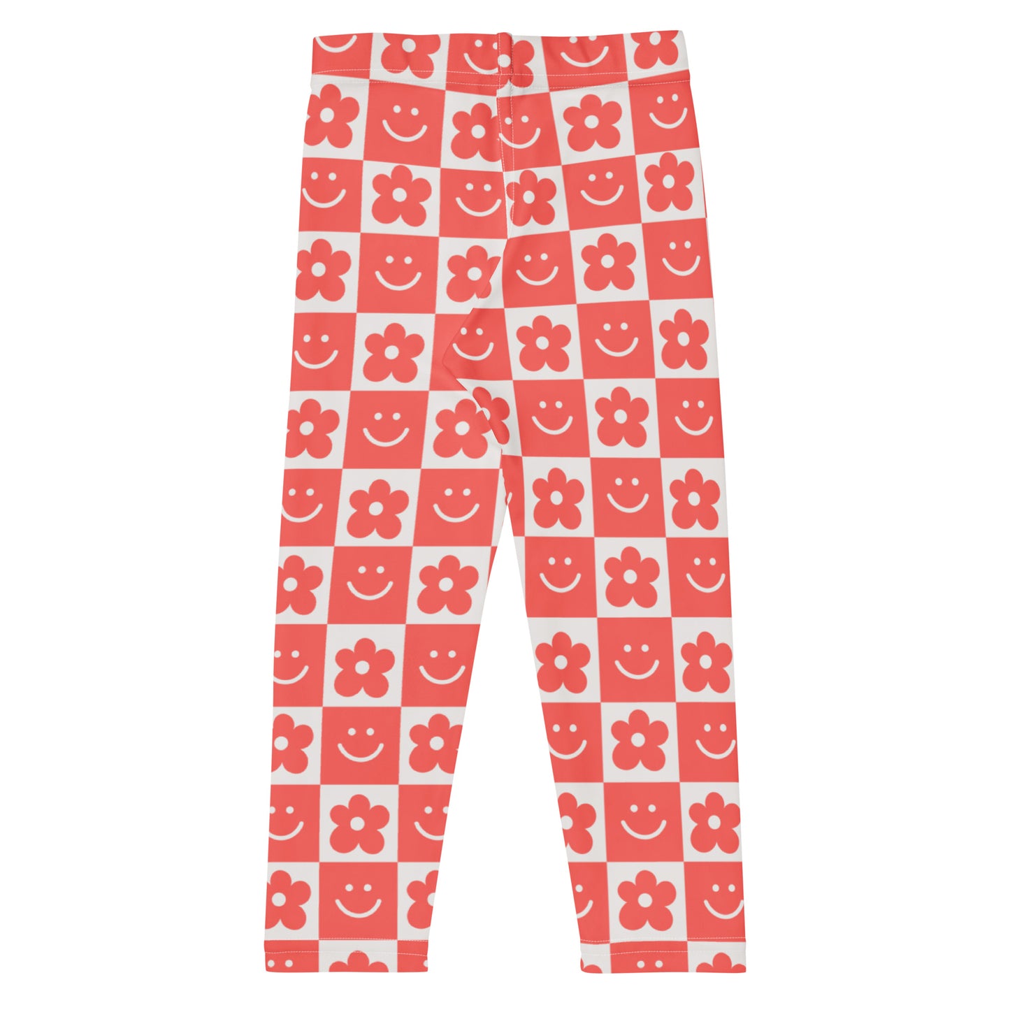 Girls Red Checkerboard Flower and Smile Face Buttery Soft Leggings