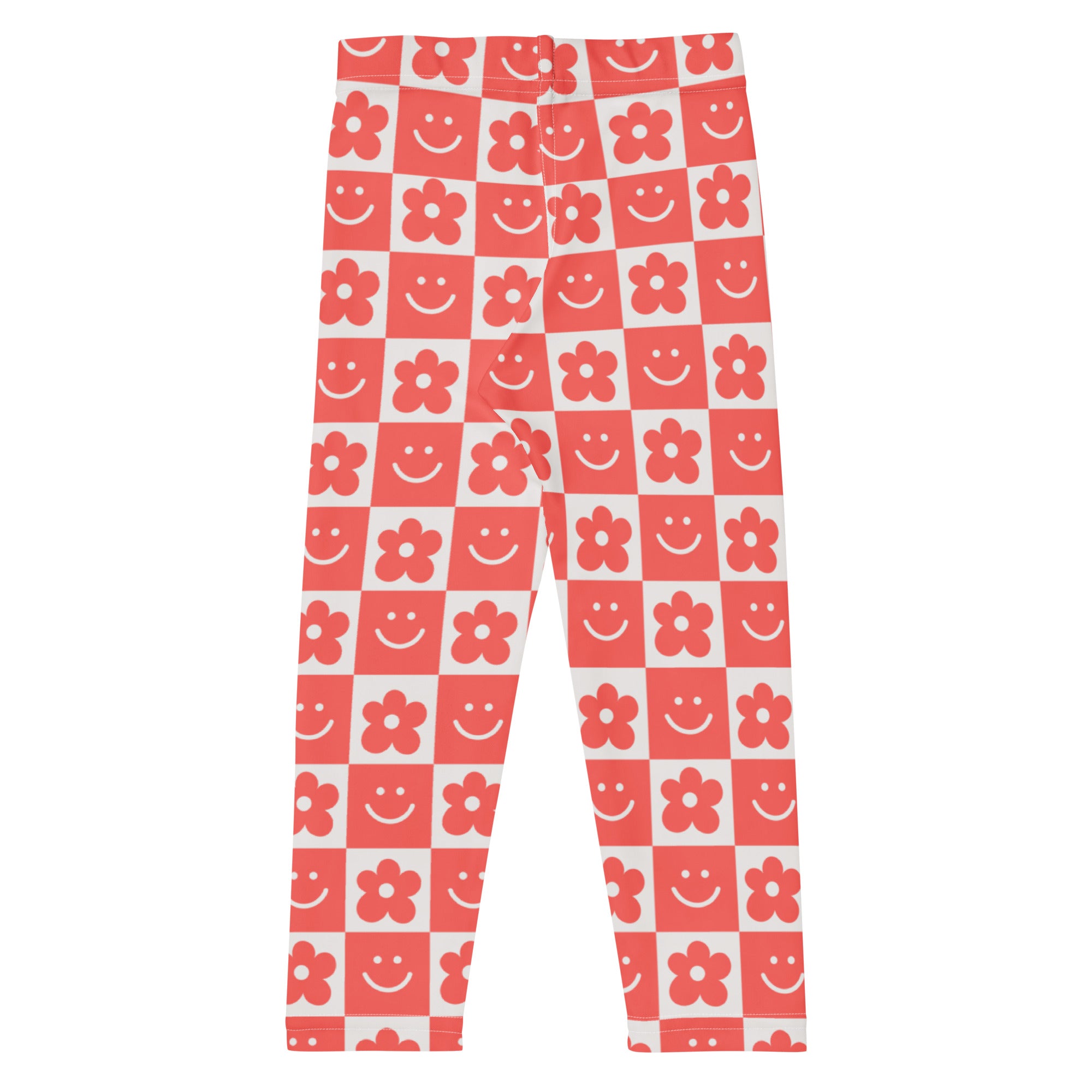 Girls red checkerboard flower and smile face buttery soft leggings with playful smiling flower pattern