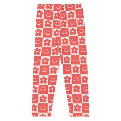 Girls Red Checkerboard Flower and Smile Face Buttery Soft Leggings