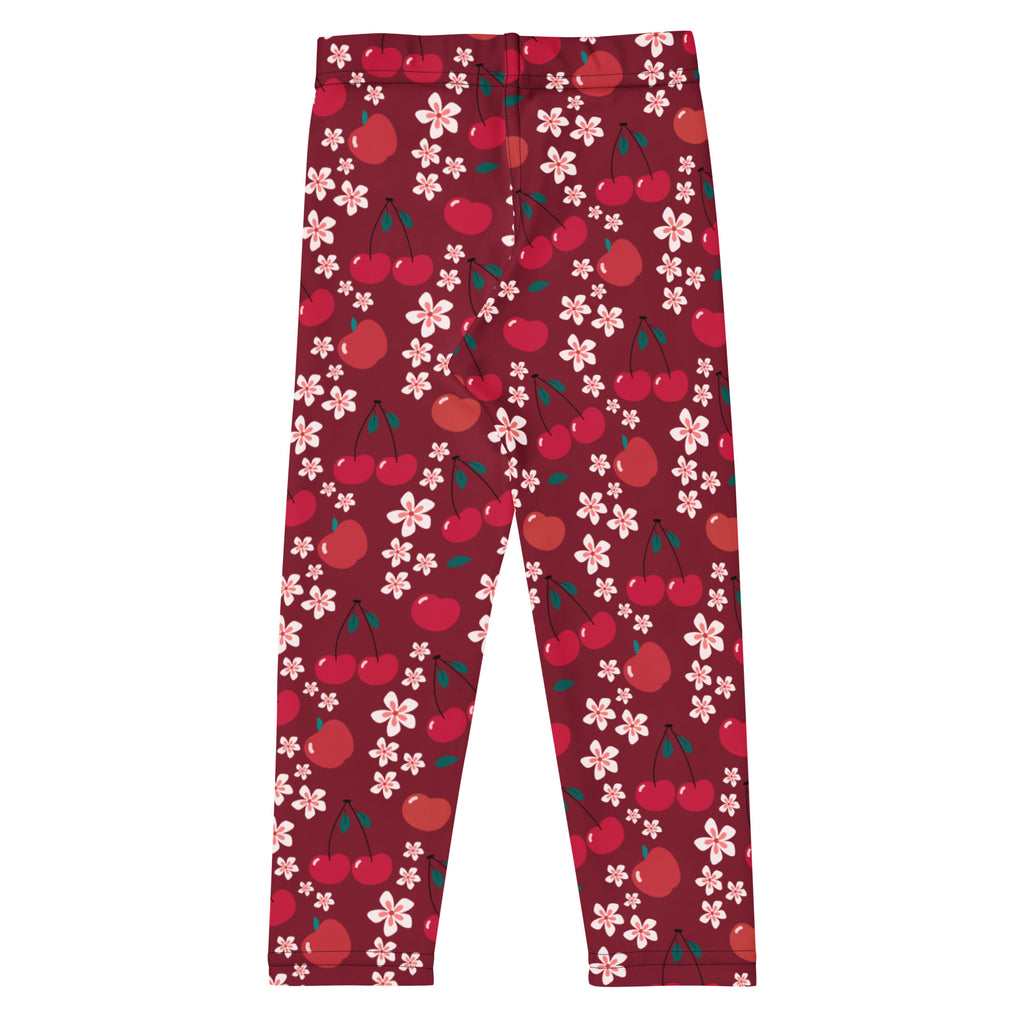 Girls cherry blossom print buttery soft leggings with red cherry and pink flower pattern in vibrant colors