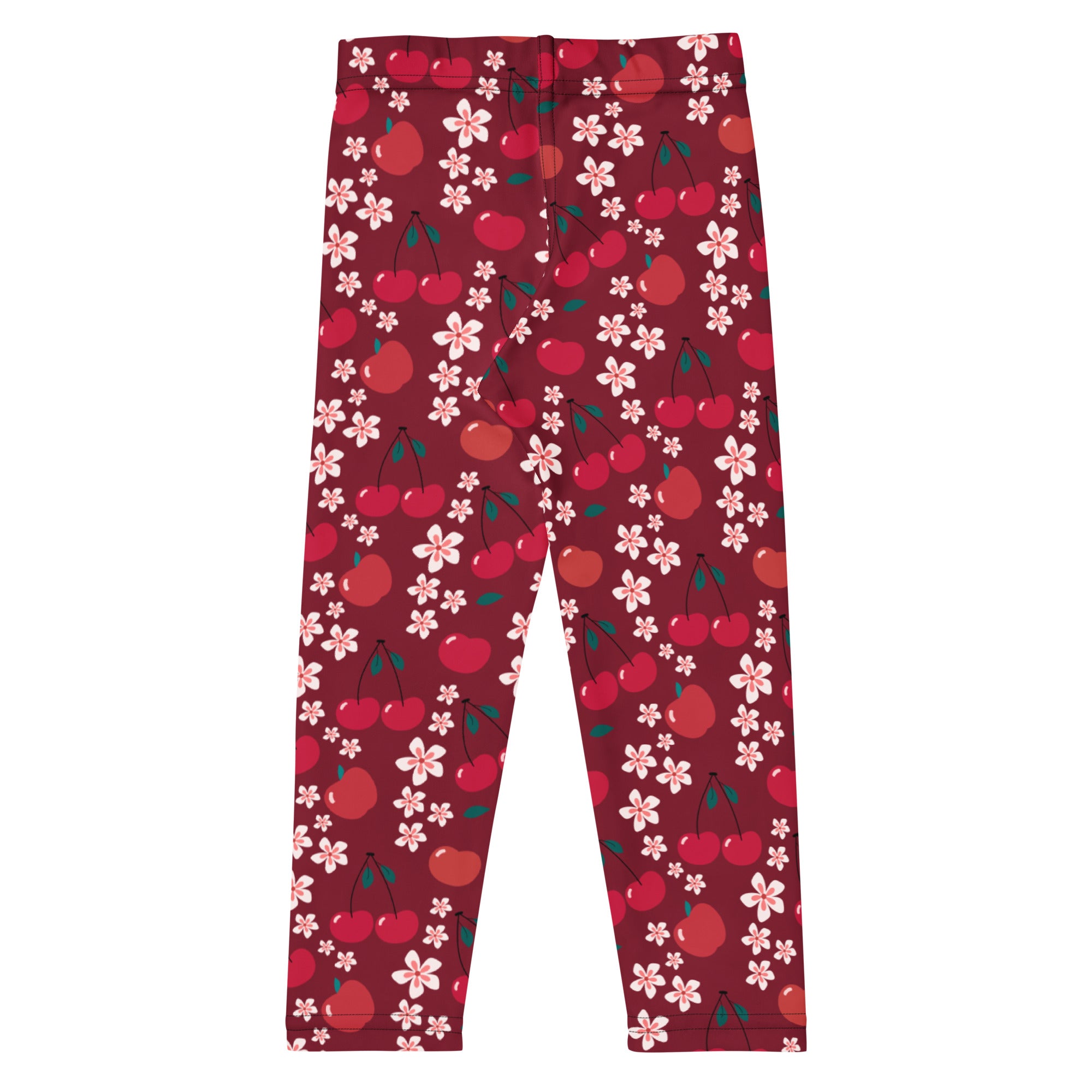 Girls cherry blossom print buttery soft leggings with red cherry and pink flower pattern in vibrant colors