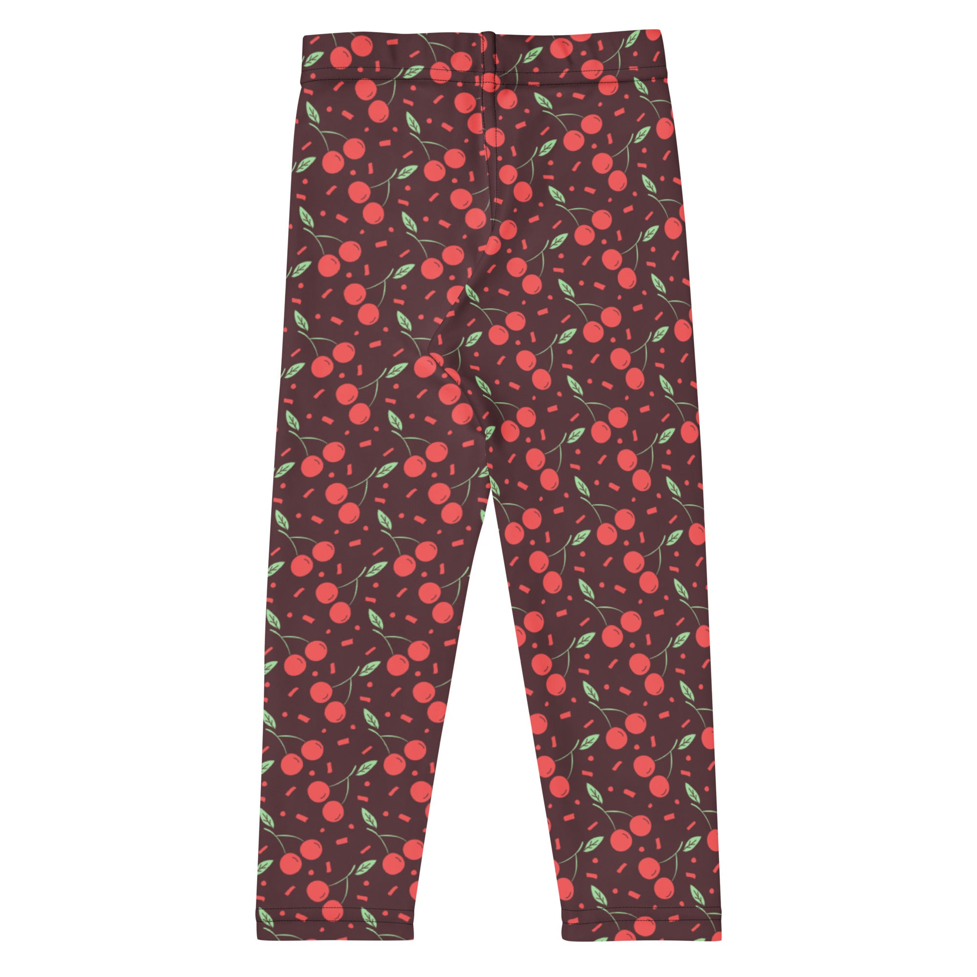 Dark brown girls cherry print buttery soft leggings with playful red cherries green leaves and pink sprinkles pattern