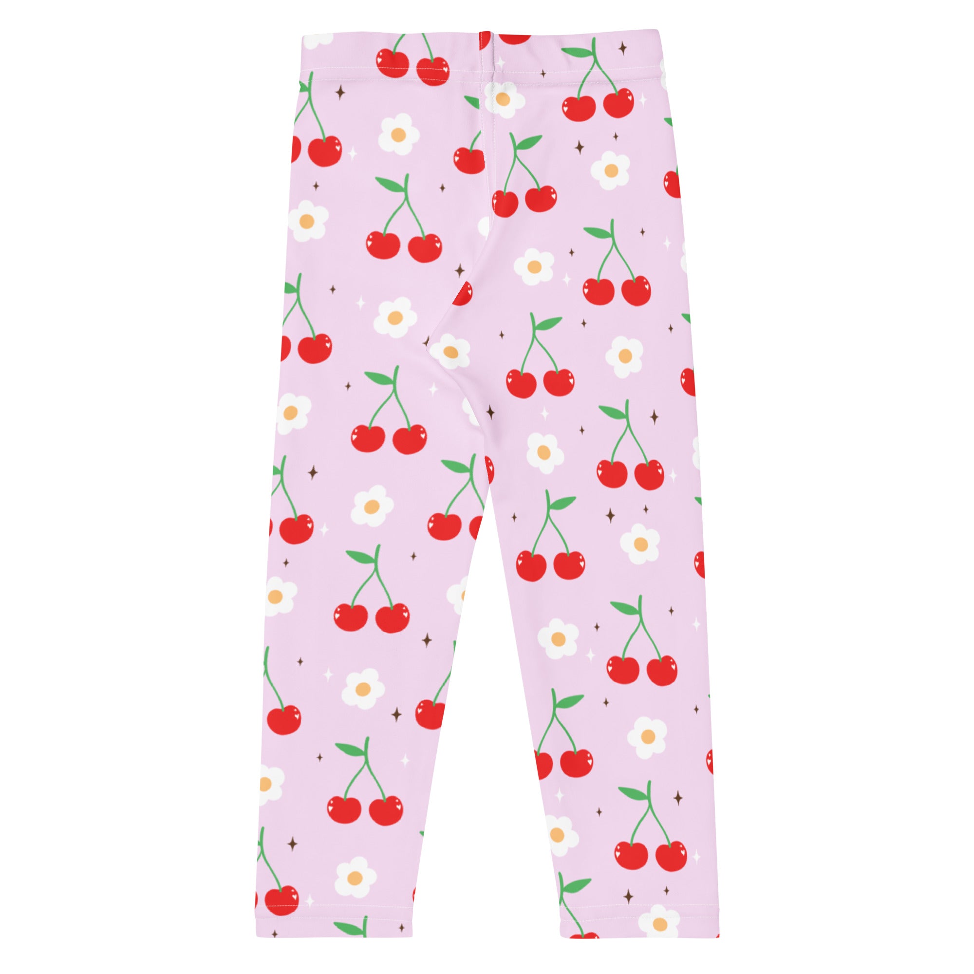 Girls pink cherry buttery soft leggings with playful red cherries white daisies and green stems pattern