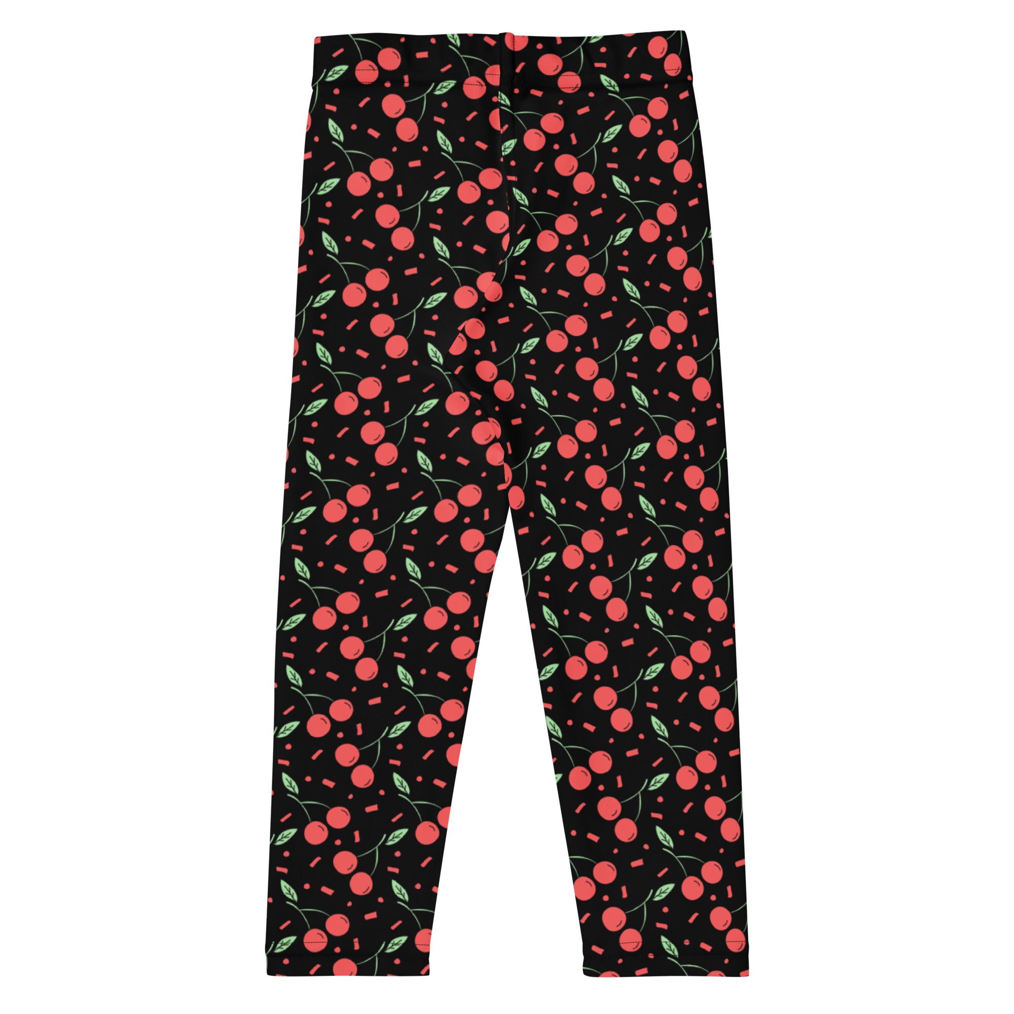 Girls black cherry confetti buttery soft leggings with red cherries green stems leaves and pink rectangular sprinkles pattern